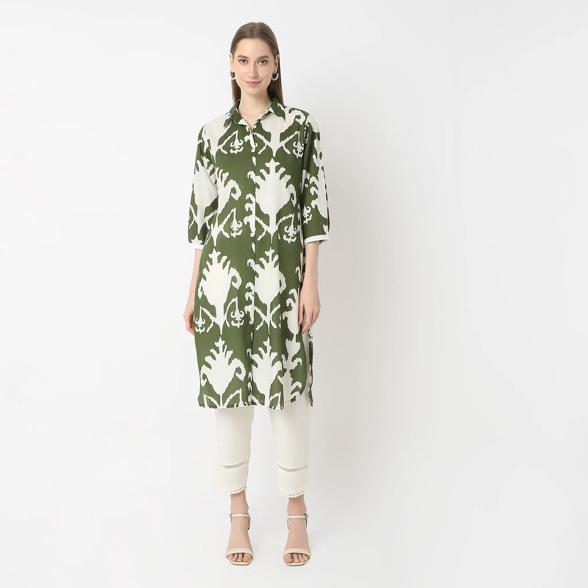 Straight Fit Printed Below Knee Shirt Collar Kurta - Image 2
