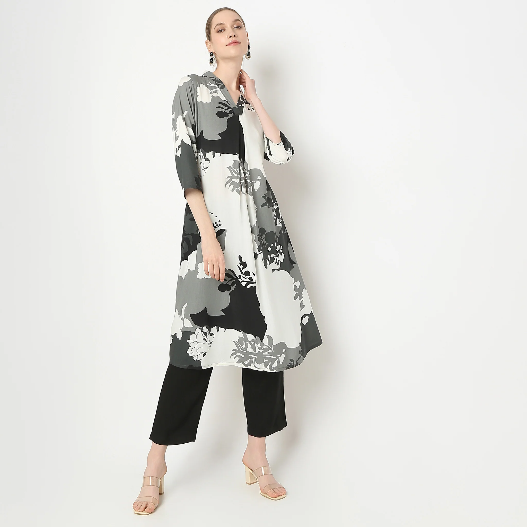 Straight Fit V-Neck Kurta With Pant Set