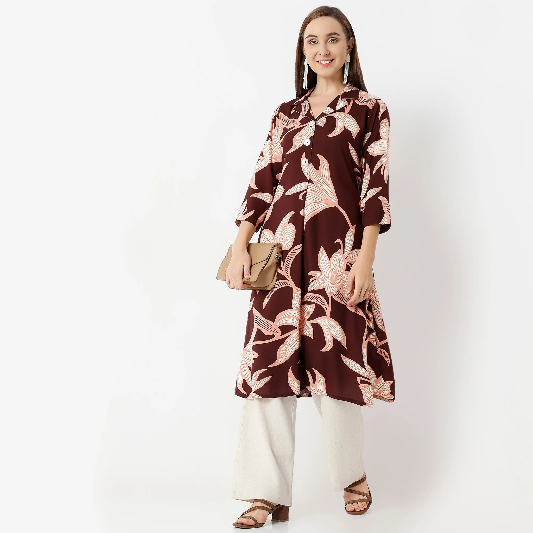 Straight Fit Printed Lapel Collar Half Placket Kurta