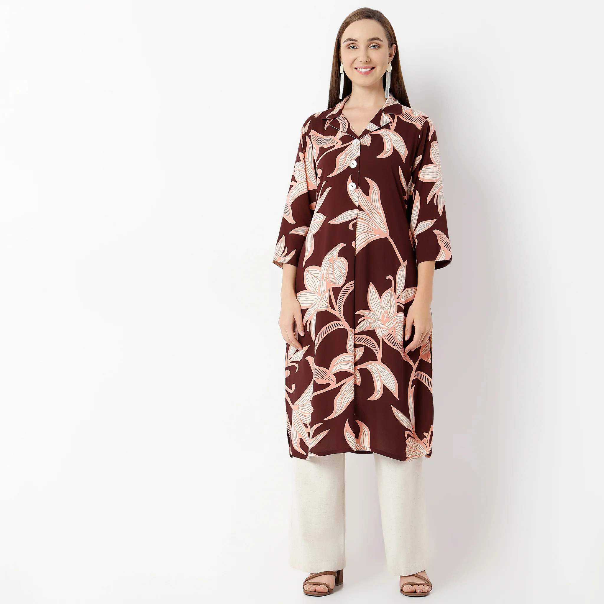 Straight Fit Printed Lapel Collar Half Placket Kurta - Image 2