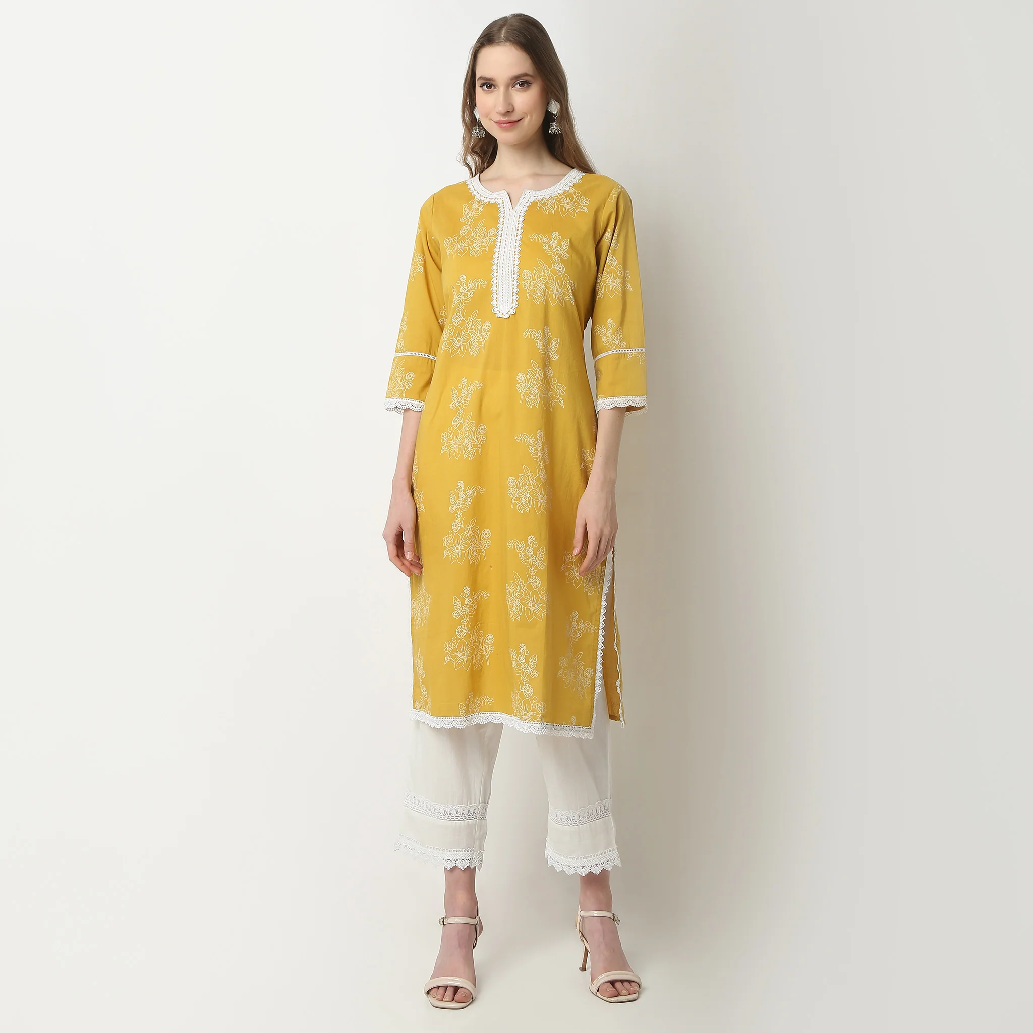 Straight Fit Printed Placket Below Knee Kurta - Image 2