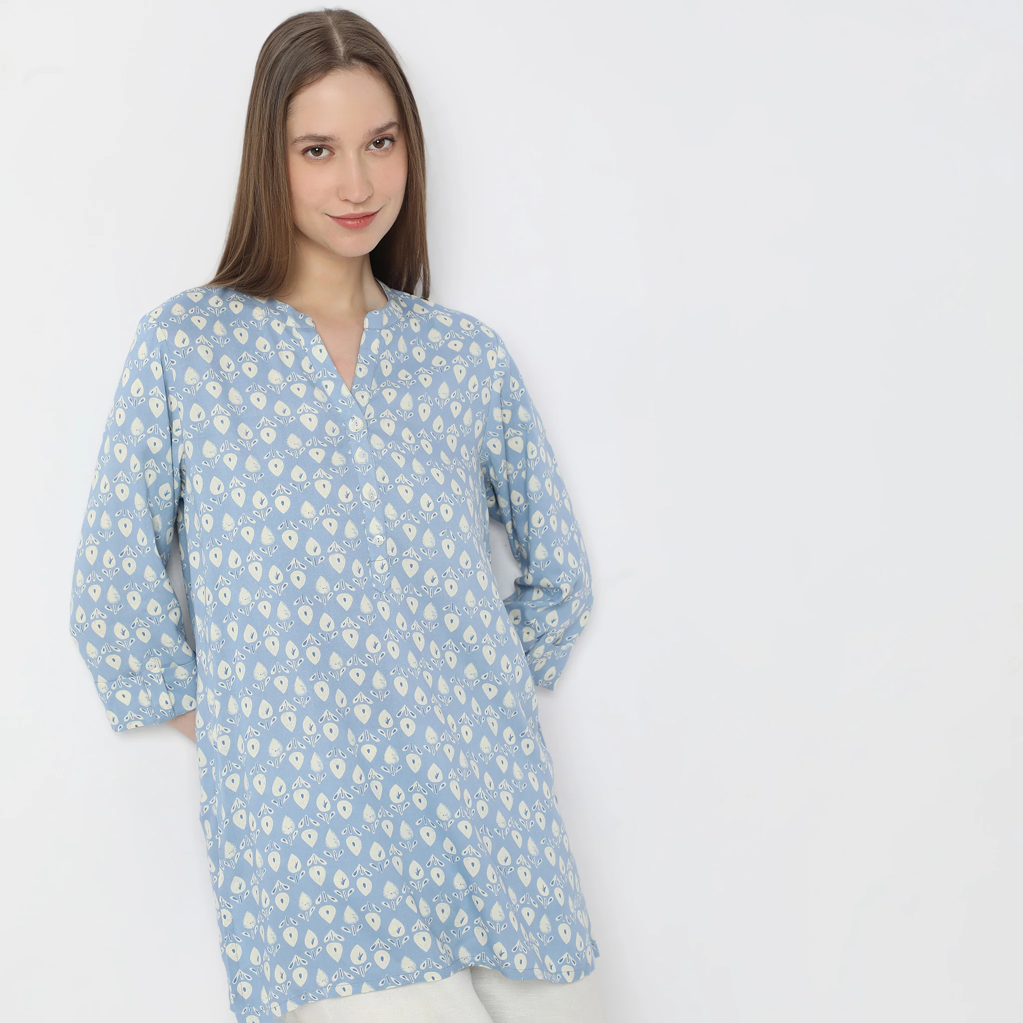 Printed Band Neck Kurta - Image 5