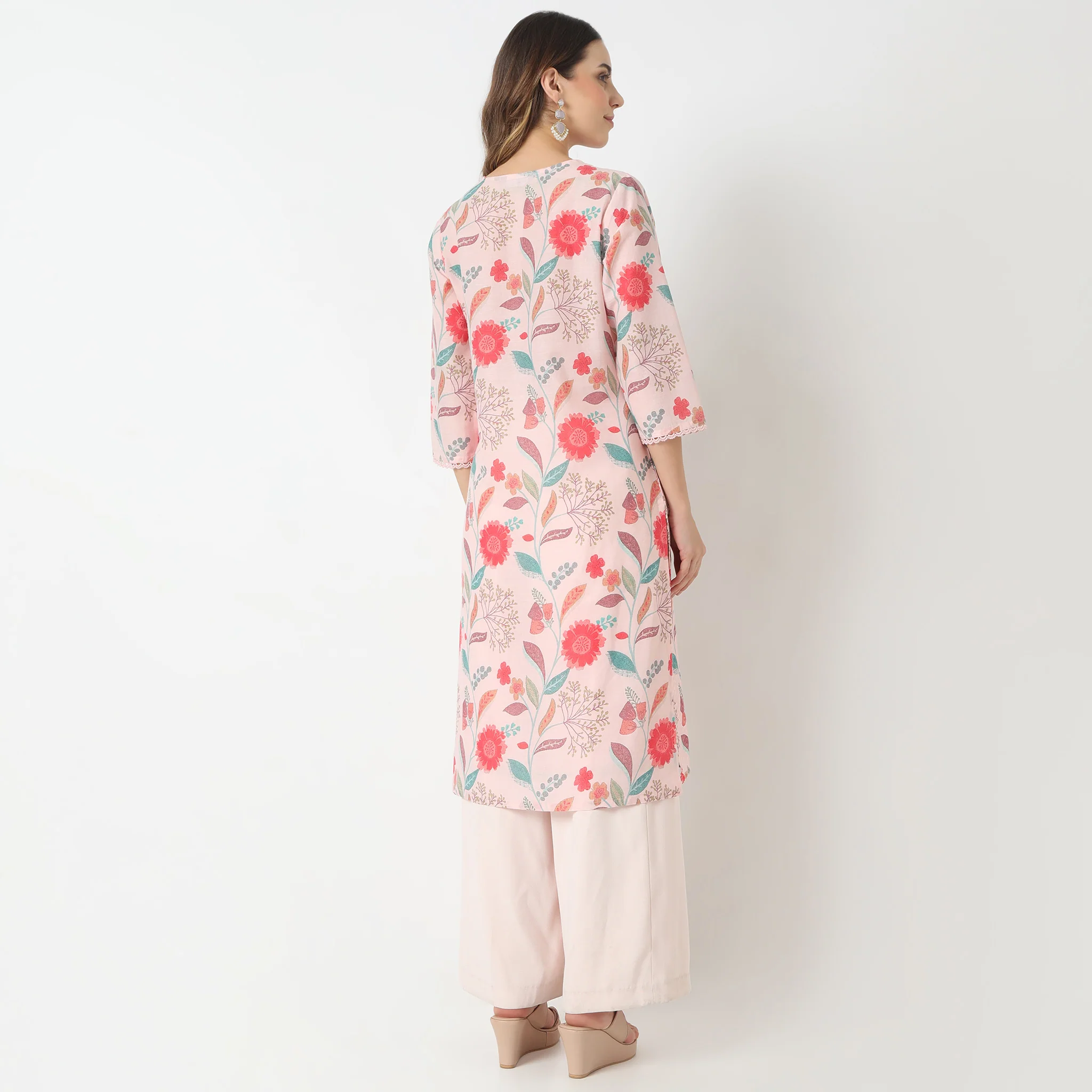 Straight Fit Printed V-Neck Below Knee Kurta - Image 3