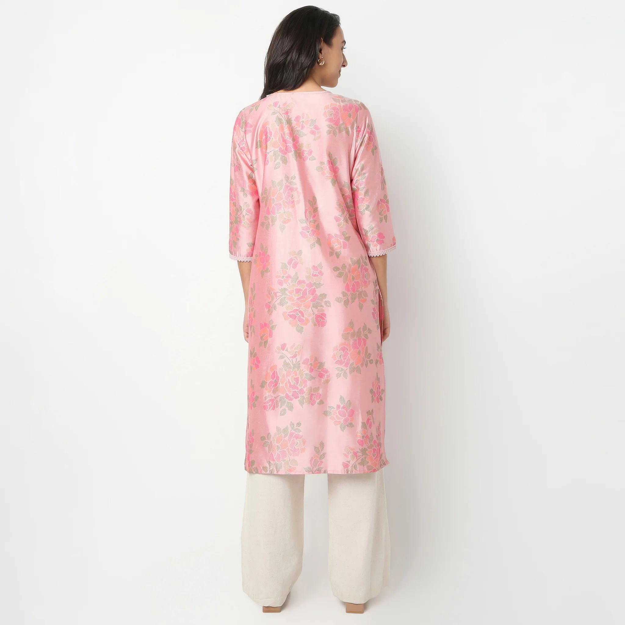 V-Neck Below Knee Three-Fourth Sleeve Straight Fit Printed Placket Kurta - Image 3