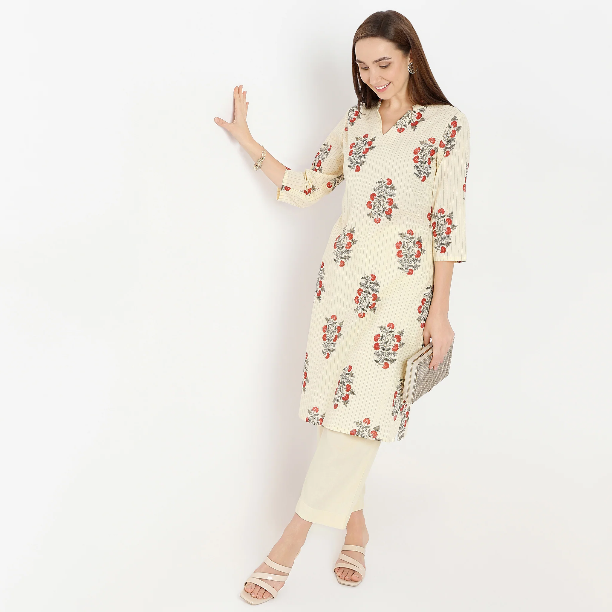V-Neck Below Knee Straight Fit Printed Kurta