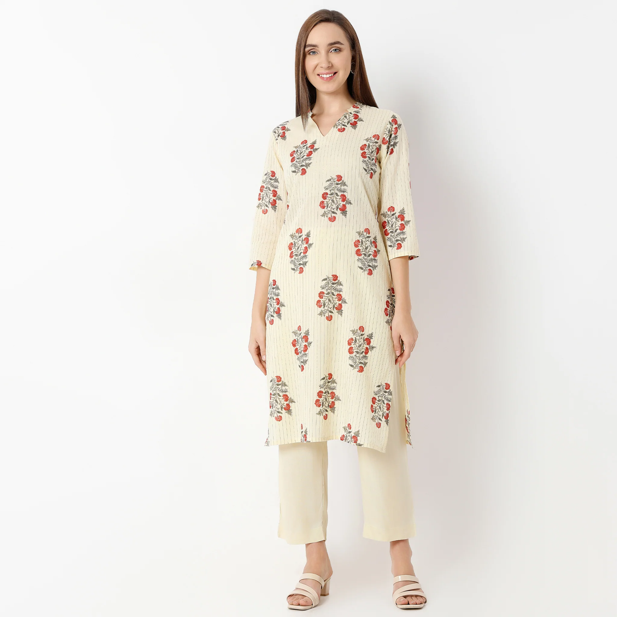 V-Neck Below Knee Straight Fit Printed Kurta - Image 2