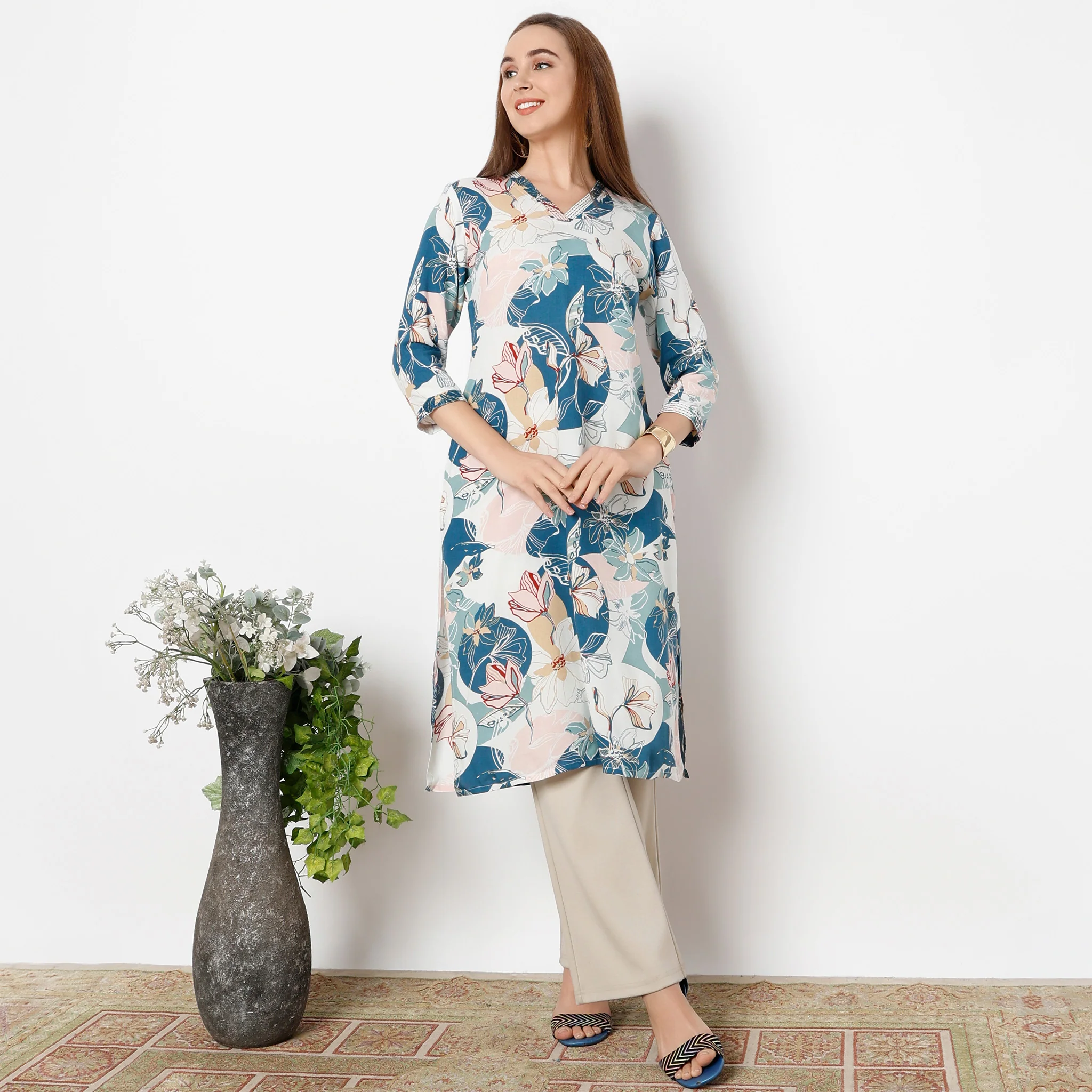 V-Neck Calf Length Three-Fourth Sleeve Straight Fit Printed Kurta