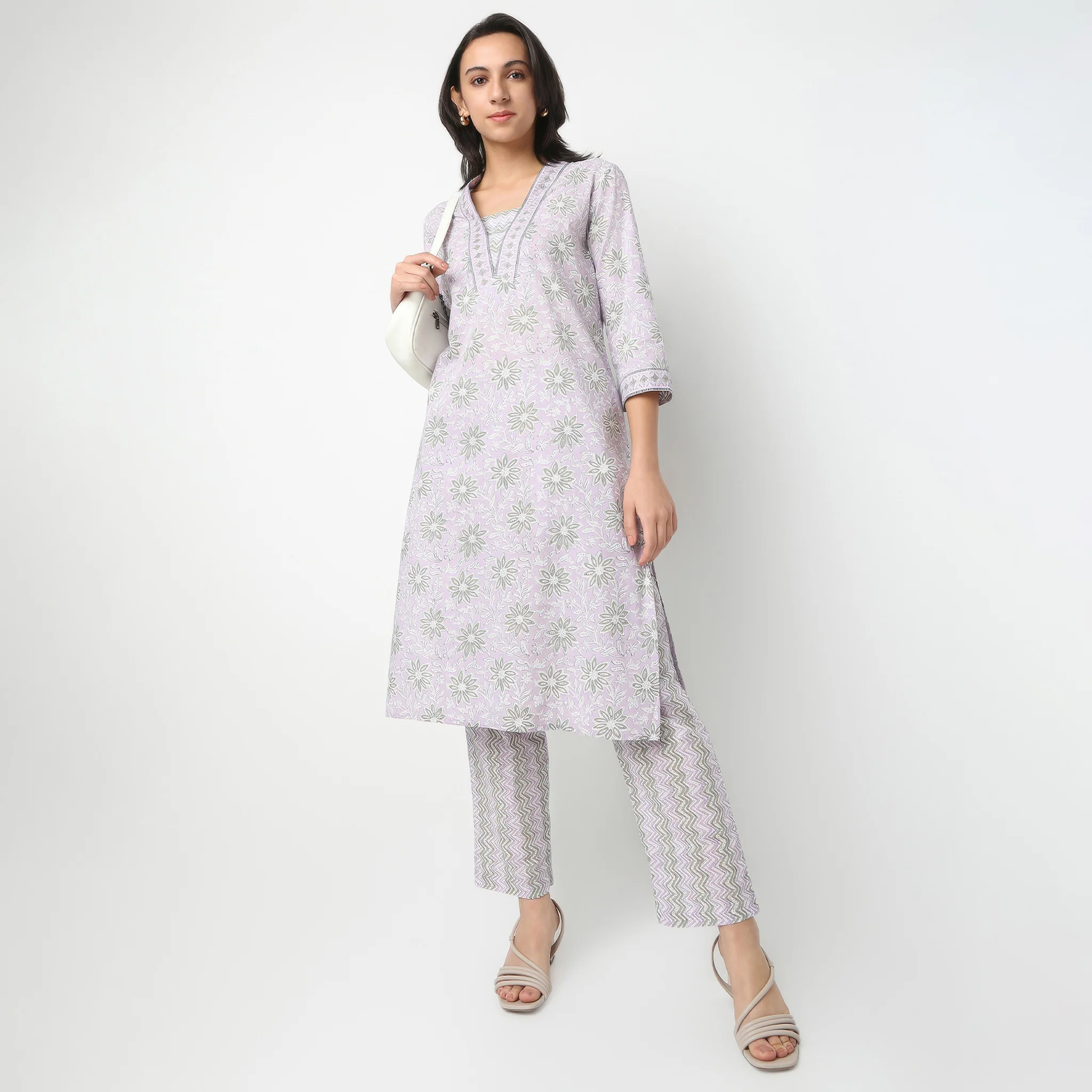 Printed V-Neck Cotton Kurta and Pant With Dupatta Set