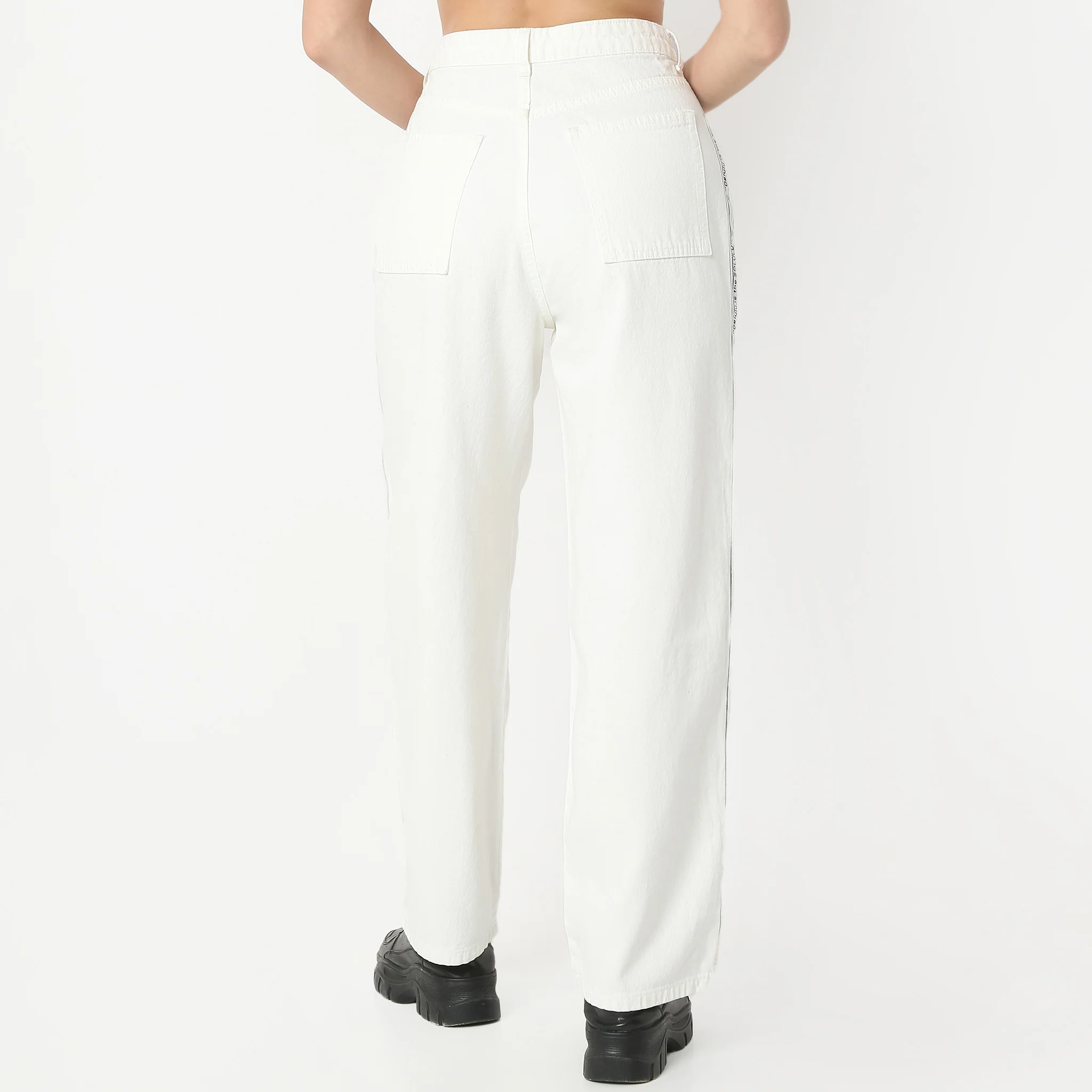 Straight Fit Solid Full Length High Rise Side Tape Look White Jeans - Image 3