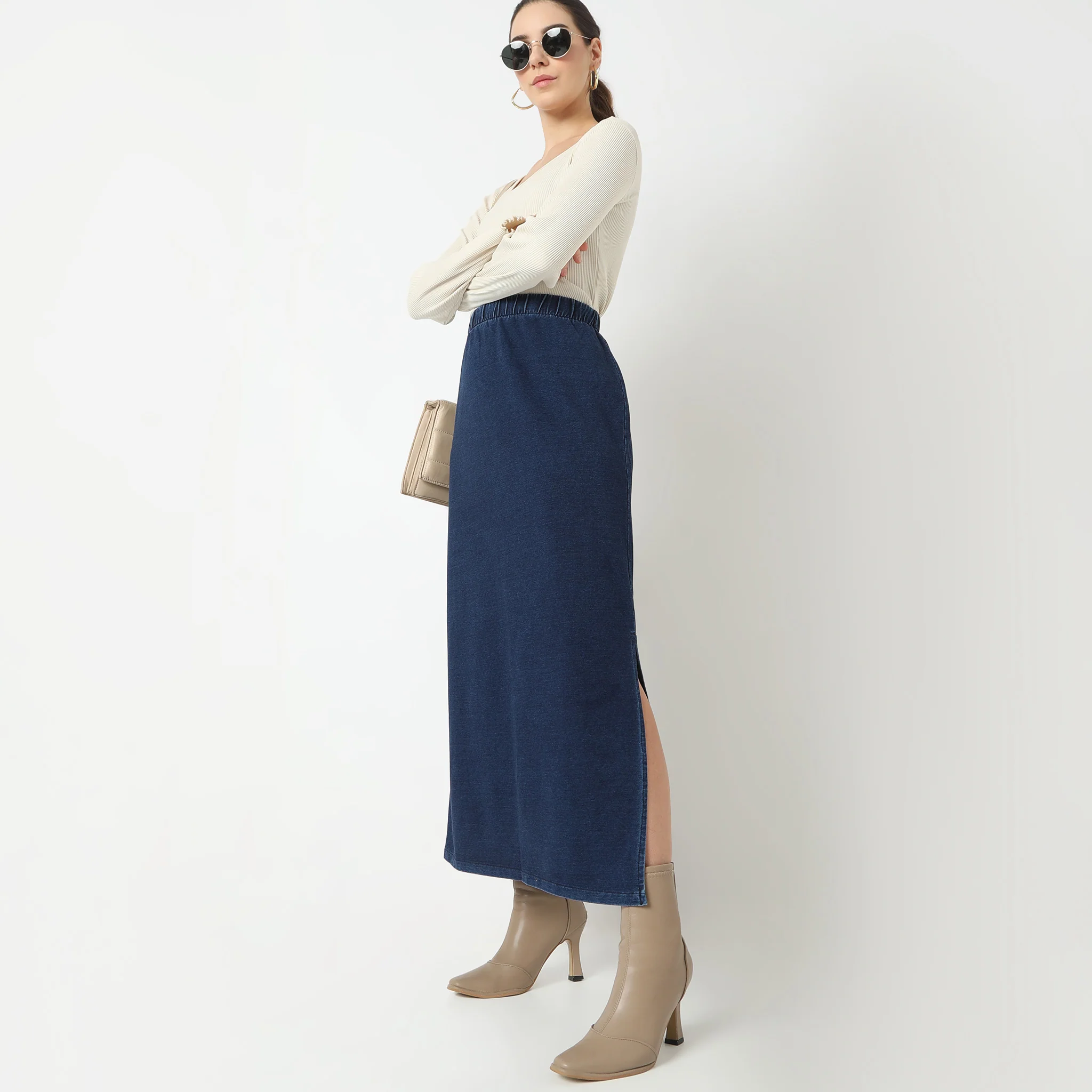 Straight Fit Full Length Betty High Rise Knitted Indigo Long Skirt With Side Slit