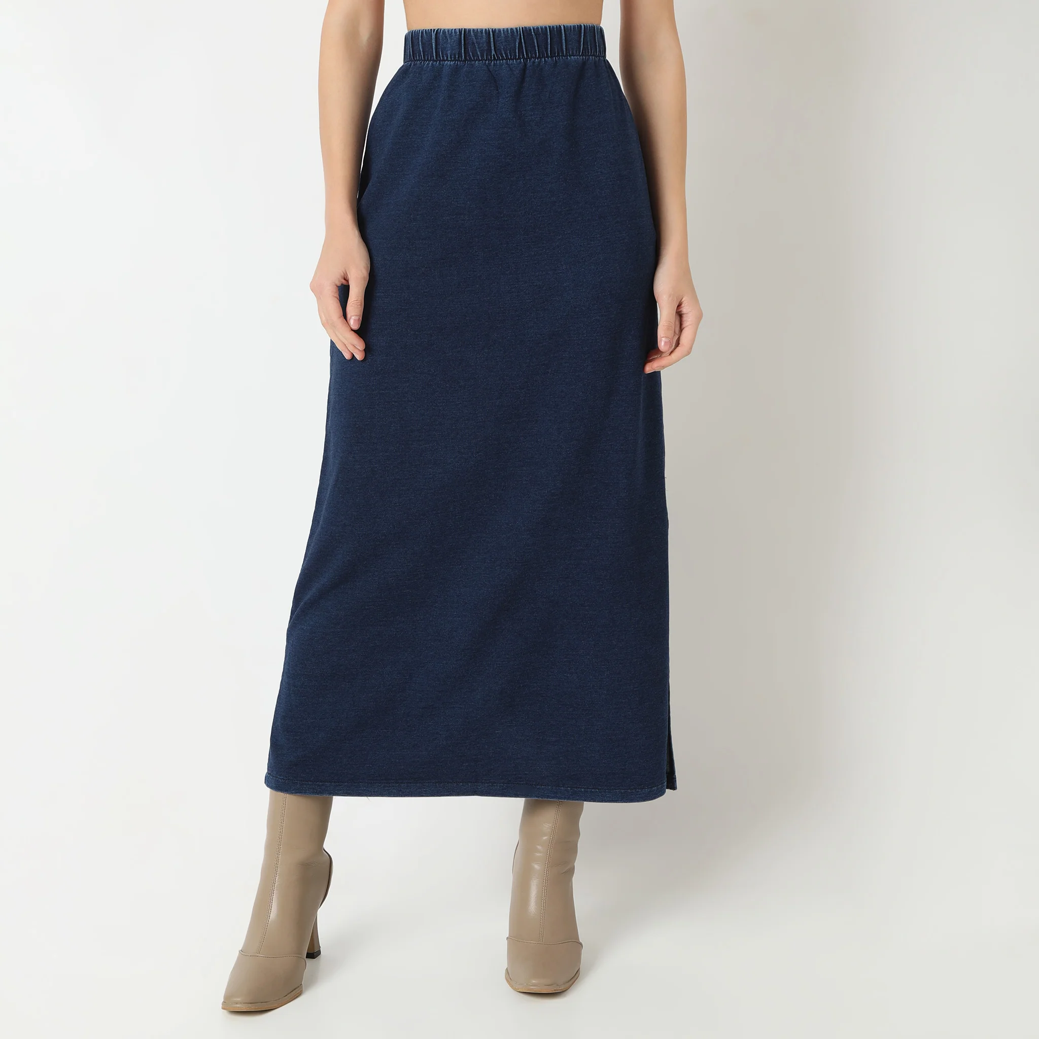 Straight Fit Full Length Betty High Rise Knitted Indigo Long Skirt With Side Slit - Image 2