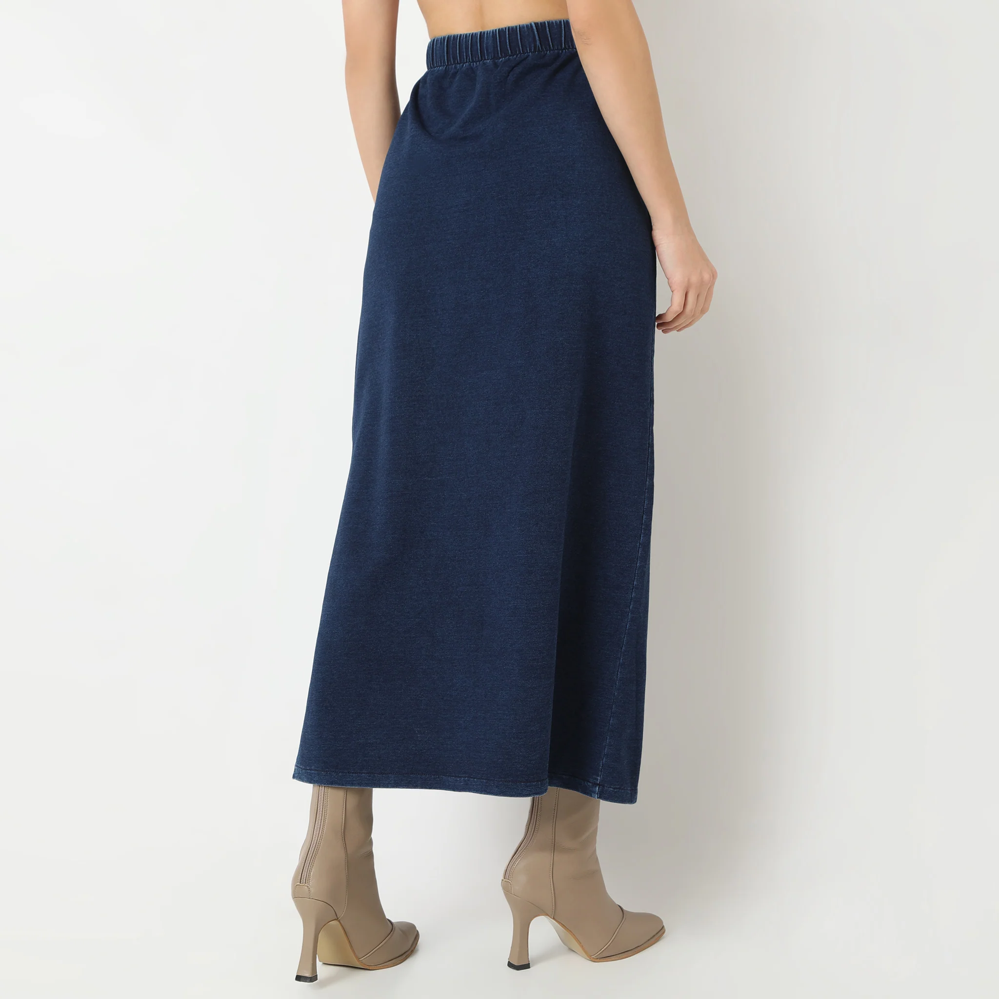Straight Fit Full Length Betty High Rise Knitted Indigo Long Skirt With Side Slit - Image 3