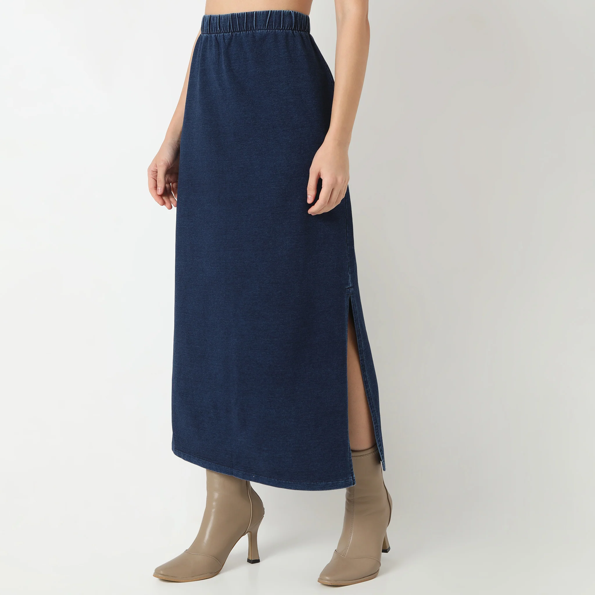 Straight Fit Full Length Betty High Rise Knitted Indigo Long Skirt With Side Slit - Image 4
