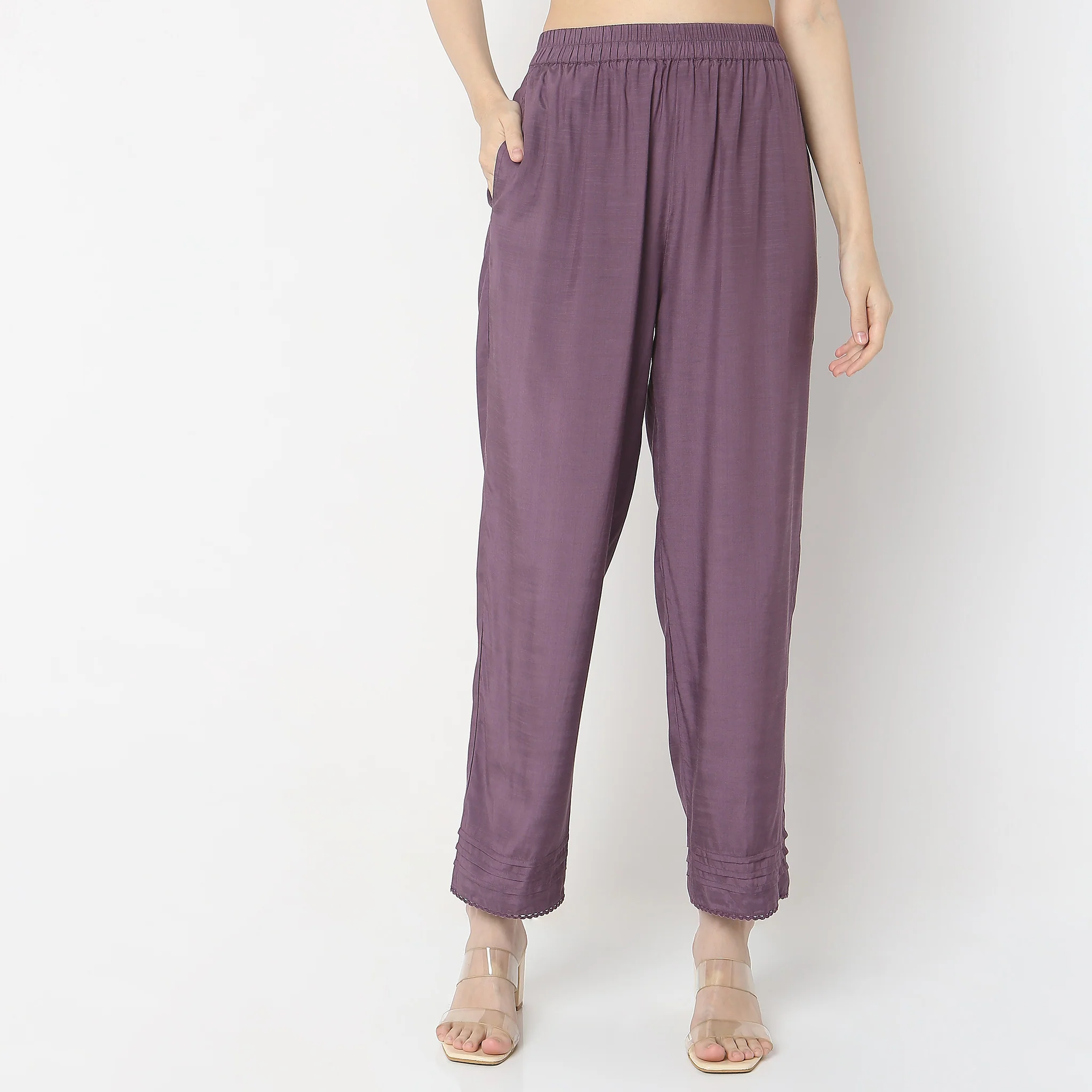 Straight Fit Solid Mid Rise Pants - Image 2