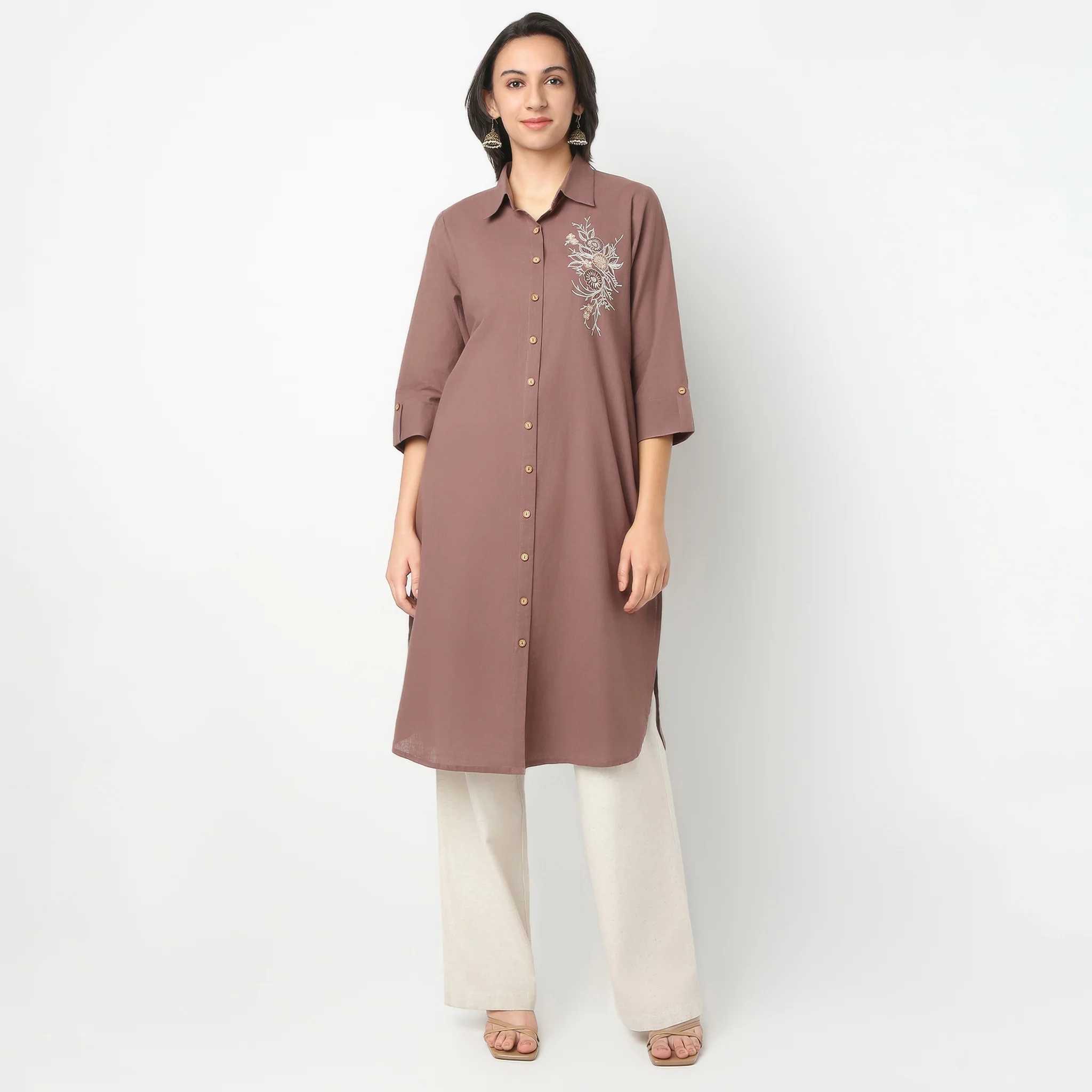 Shirt Collar Knee Length Three-Fourth Sleeve Straight Fit Solid Kurta - Image 2