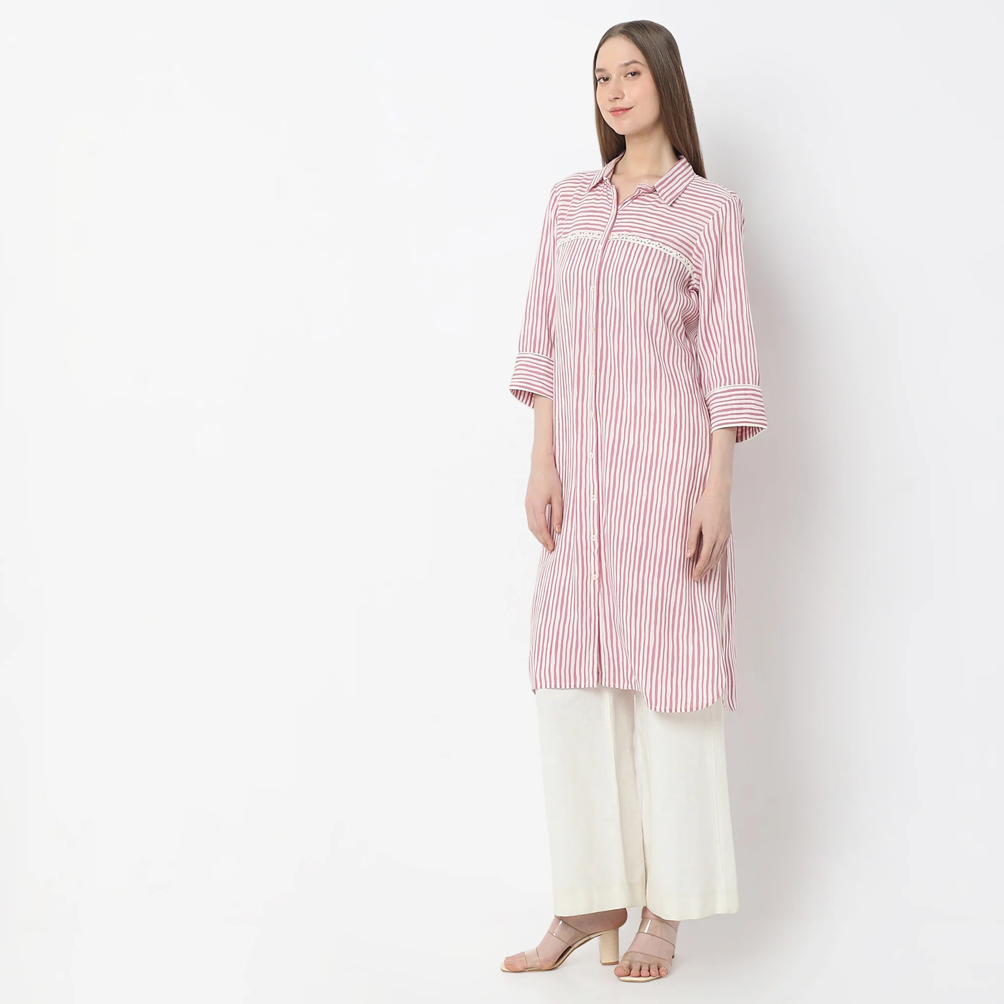 Striped Knee Length Coller Embroidered Straight Fit Kurta - Image 10