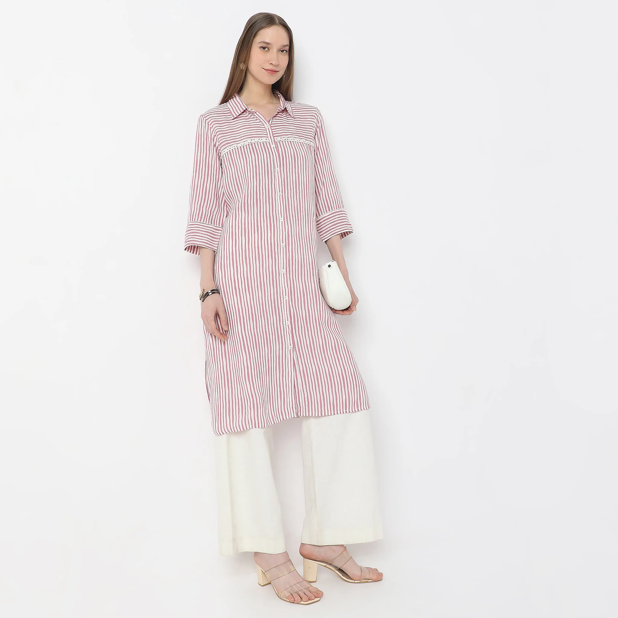 Striped Knee Length Coller Embroidered Straight Fit Kurta - Image 6