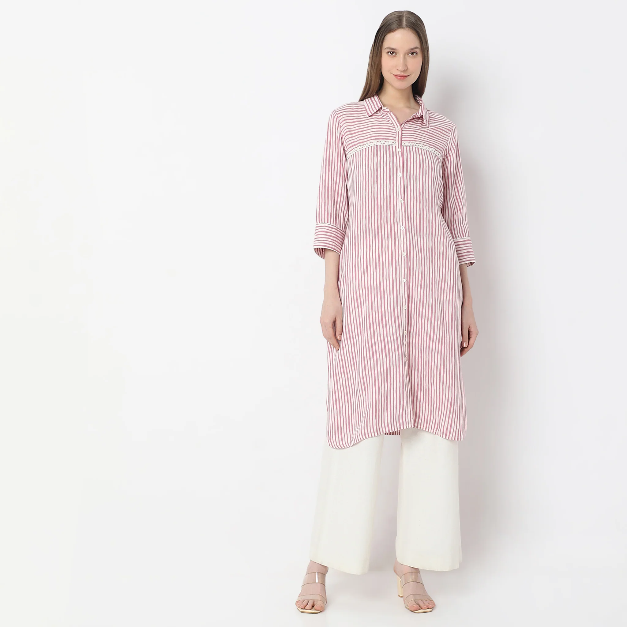 Striped Knee Length Coller Embroidered Straight Fit Kurta - Image 7