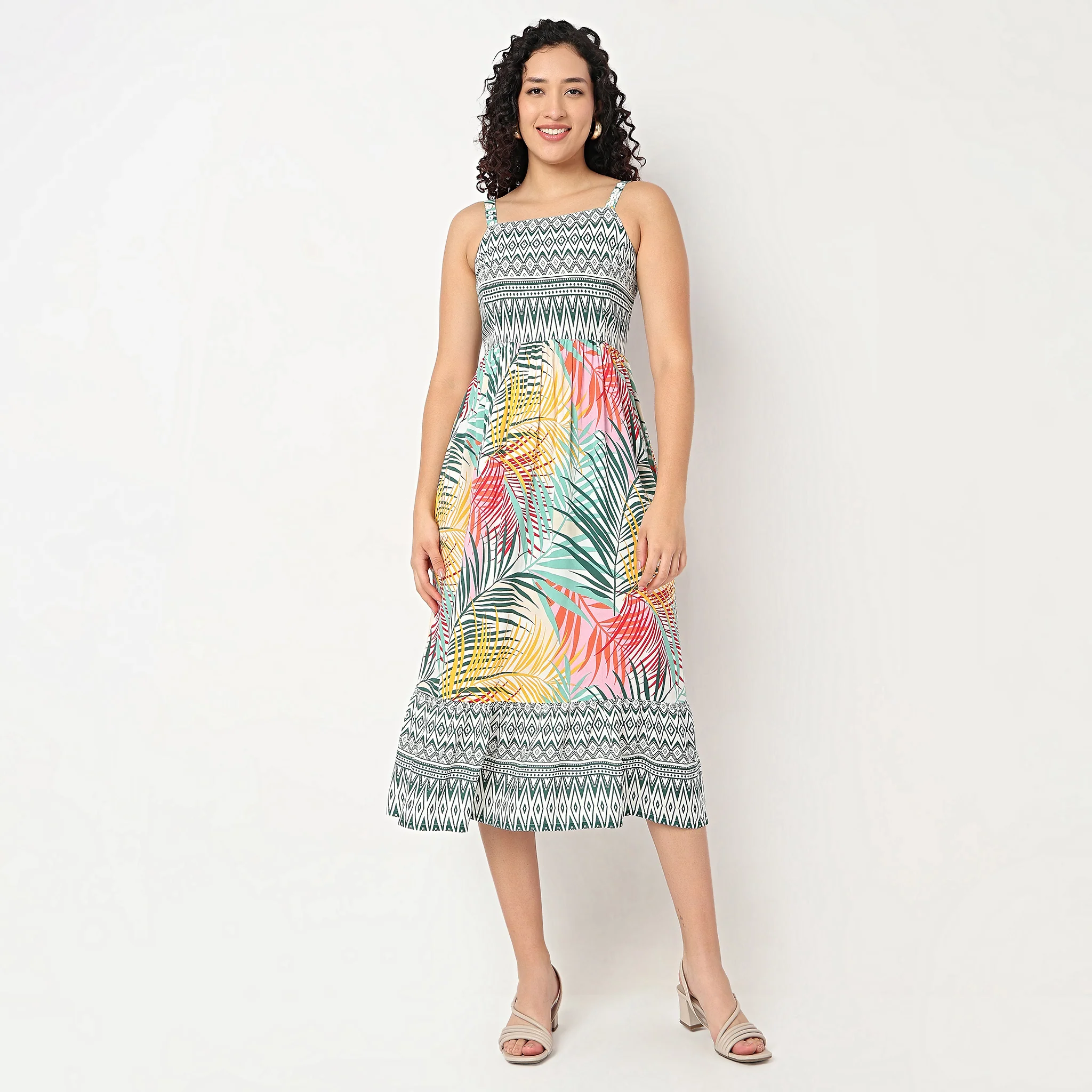 Strappy Waist Gethered Printed Dress - Image 2
