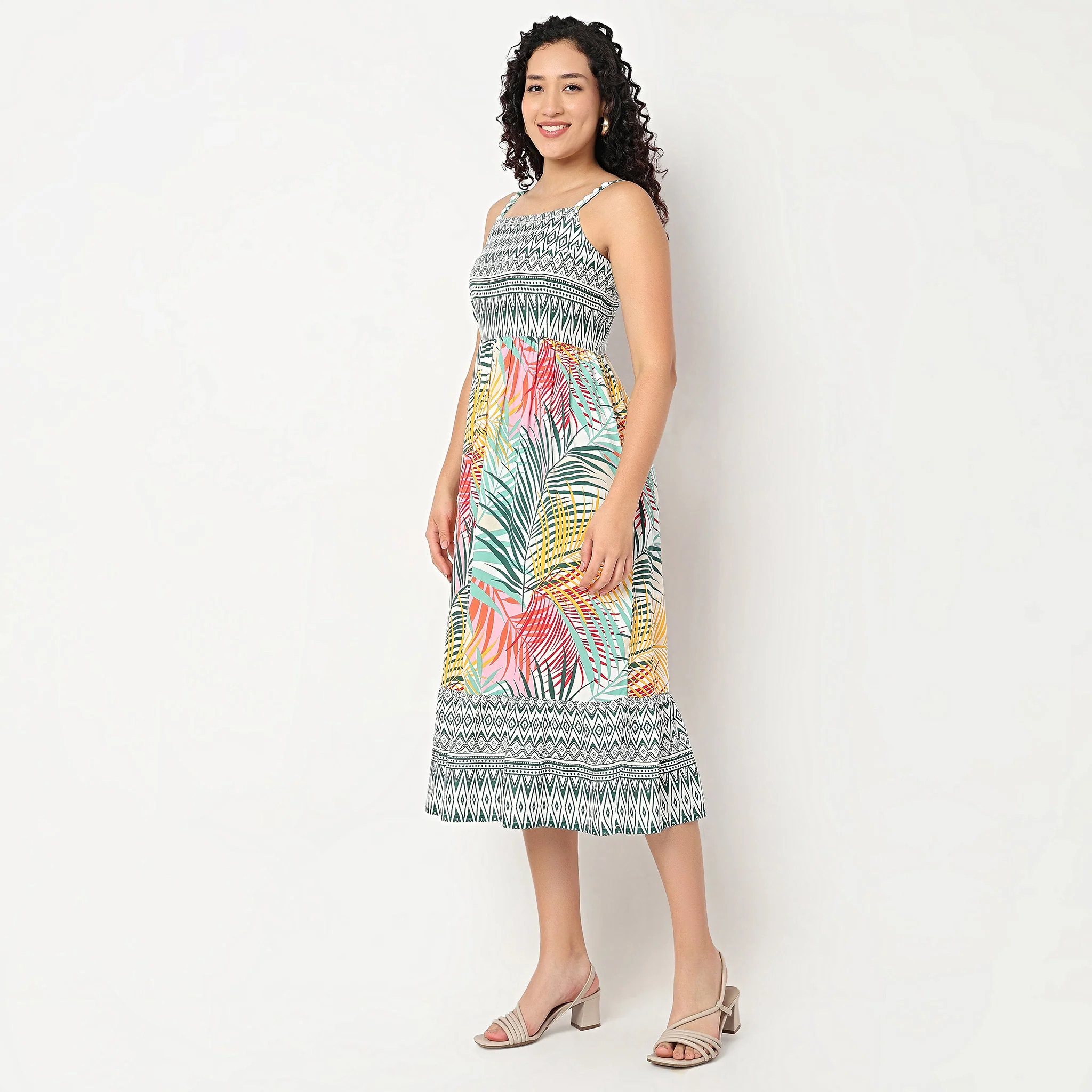 Strappy Waist Gethered Printed Dress - Image 5