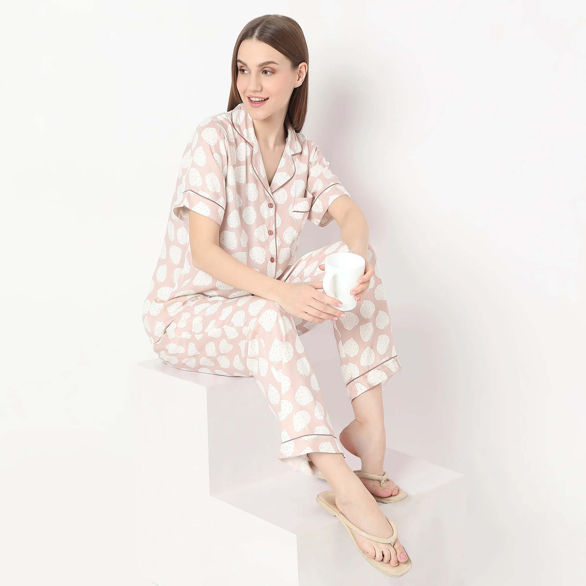 Strawberry Print Lapel Collar With Brown Piping Shirt With Pyjama Sleepwear Set