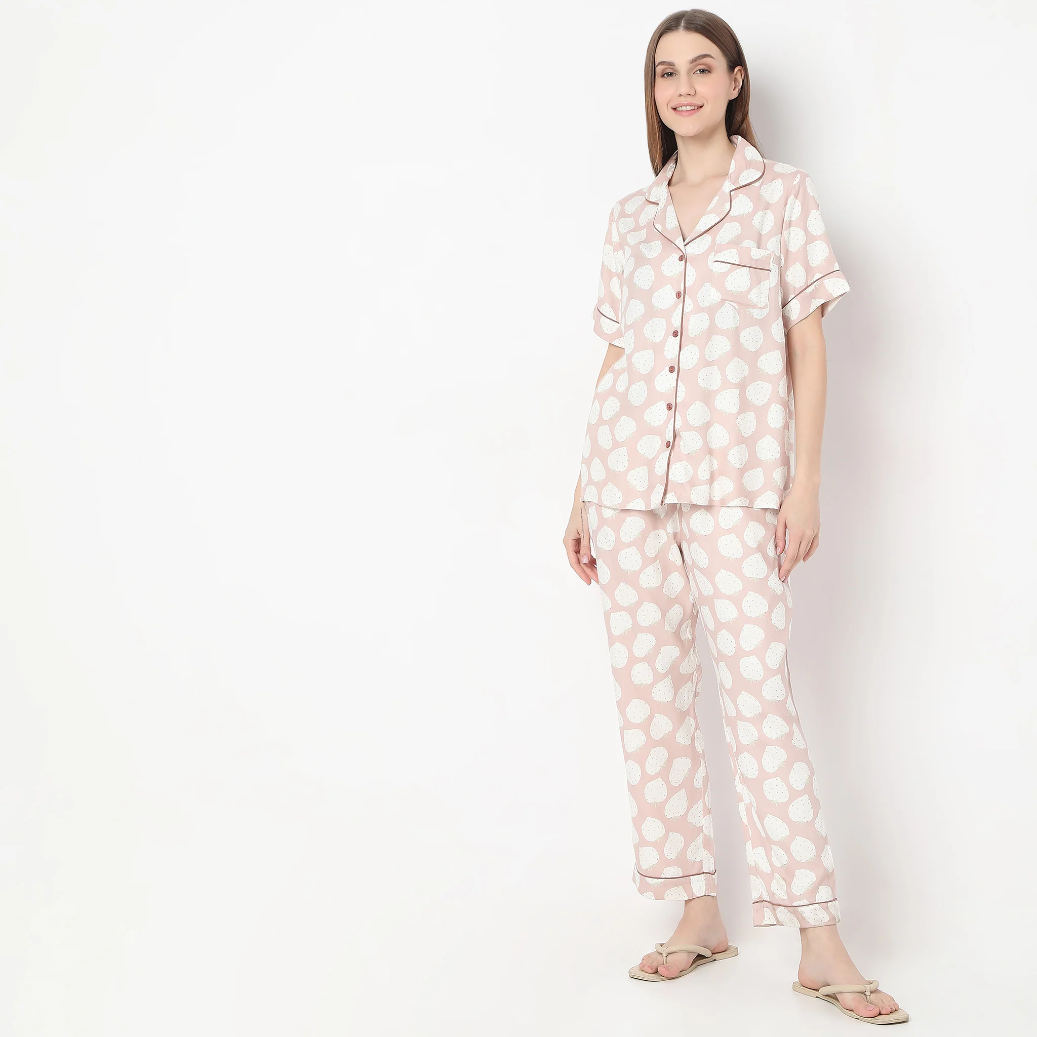 Strawberry Print Lapel Collar With Brown Piping Shirt With Pyjama Sleepwear Set - Image 2