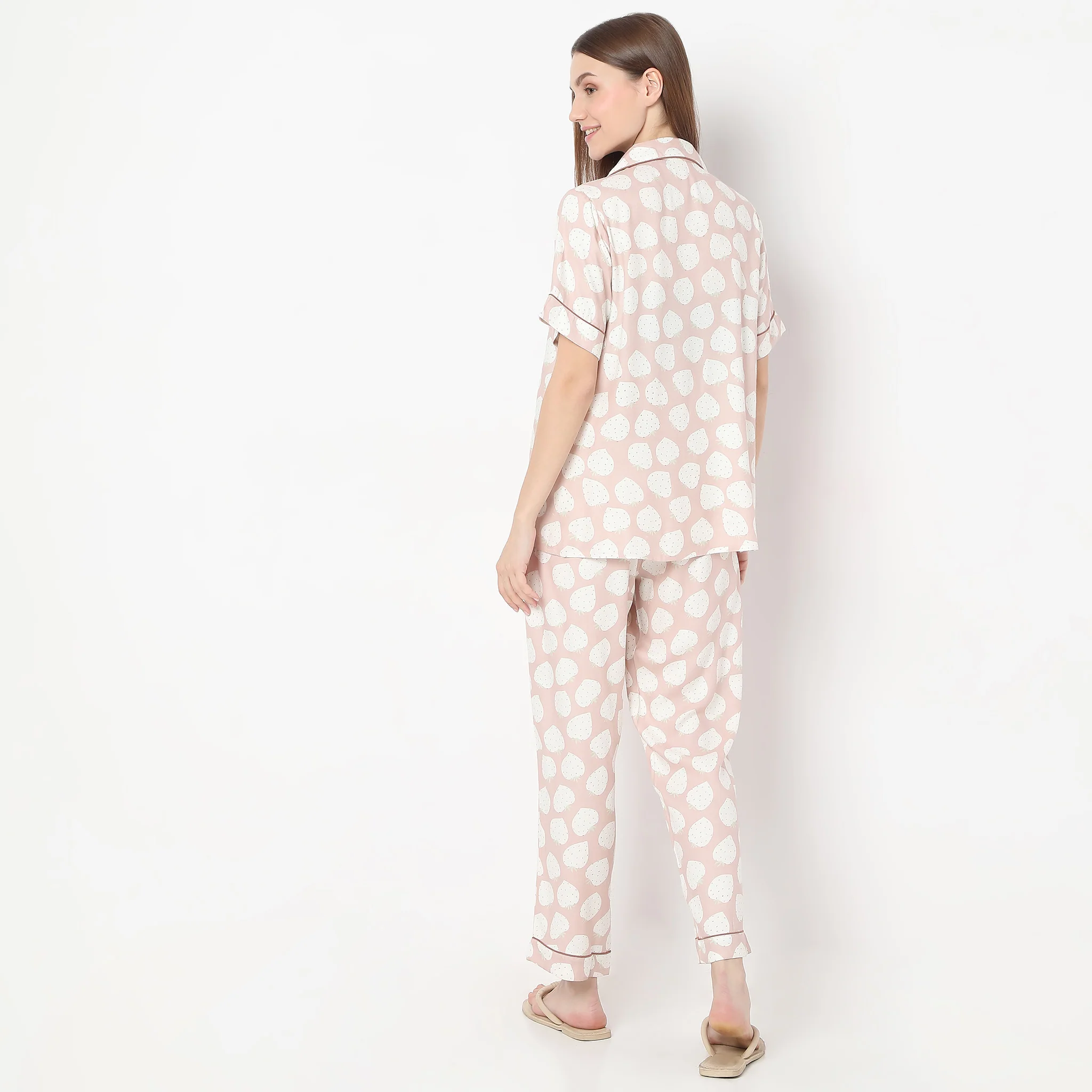 Strawberry Print Lapel Collar With Brown Piping Shirt With Pyjama Sleepwear Set - Image 3