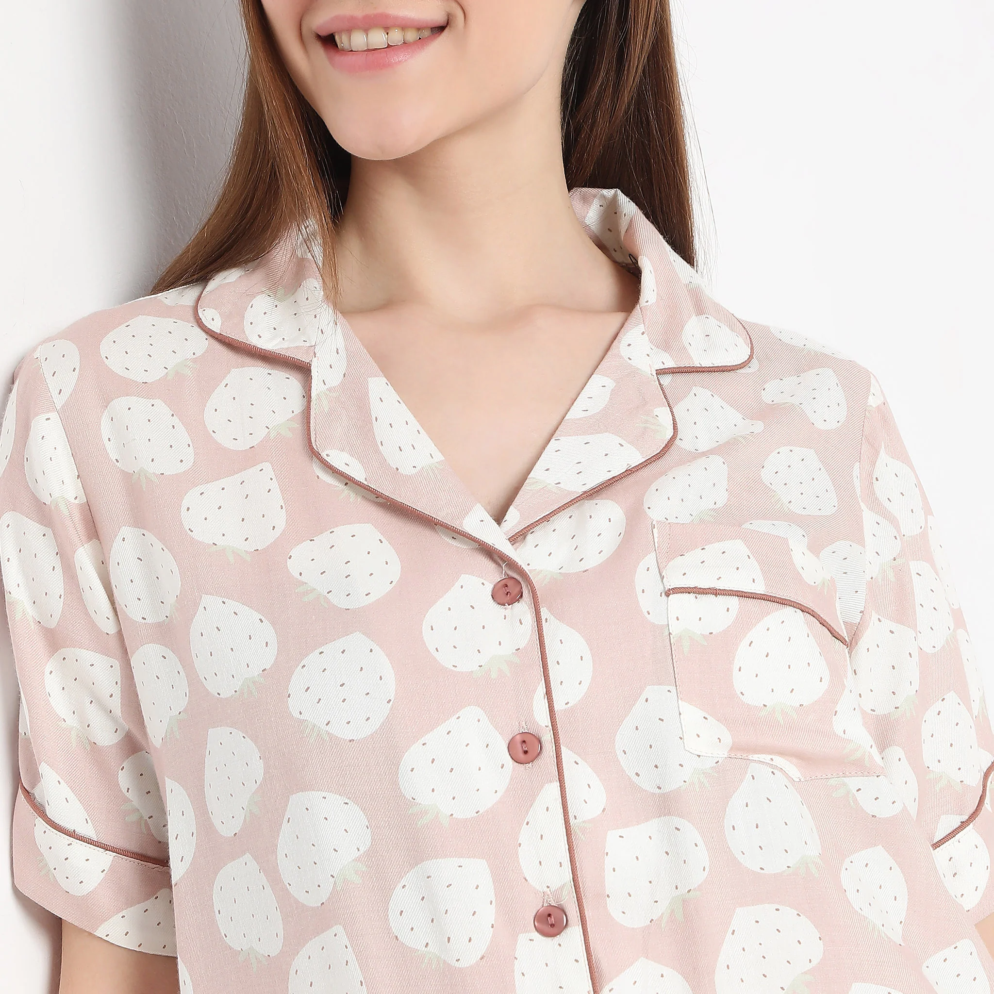 Strawberry Print Lapel Collar With Brown Piping Shirt With Pyjama Sleepwear Set - Image 4