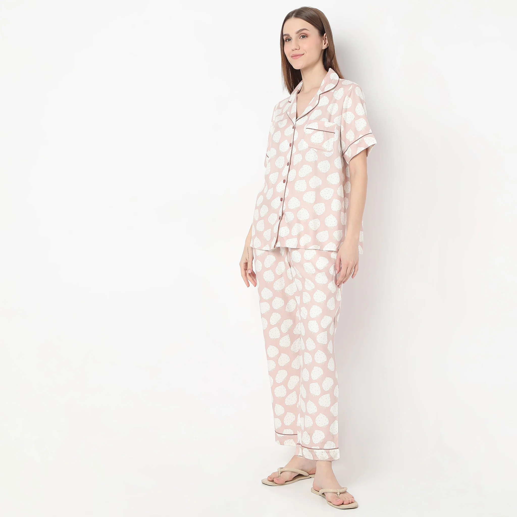 Strawberry Print Lapel Collar With Brown Piping Shirt With Pyjama Sleepwear Set - Image 5