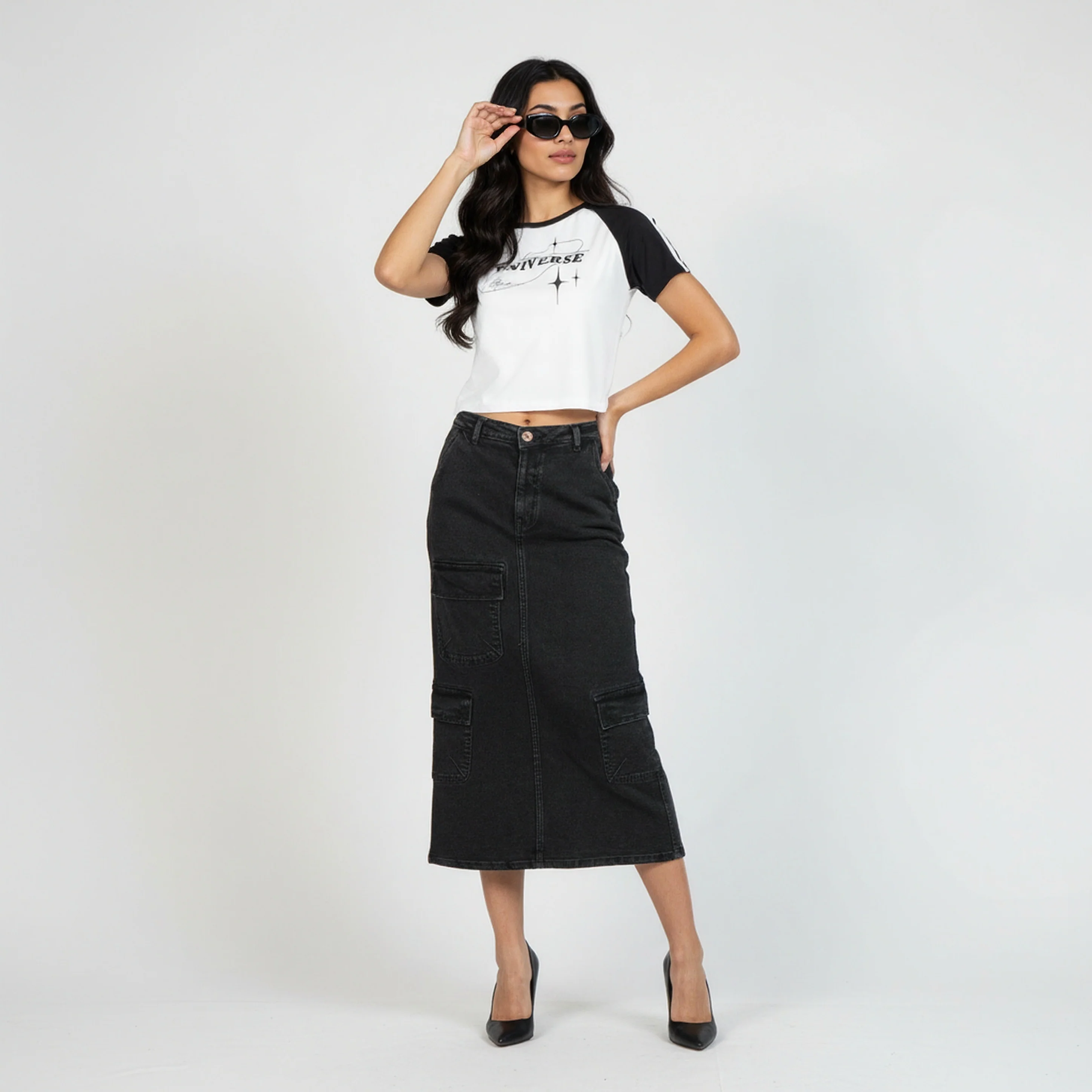 Street Look Long Denim Skirt