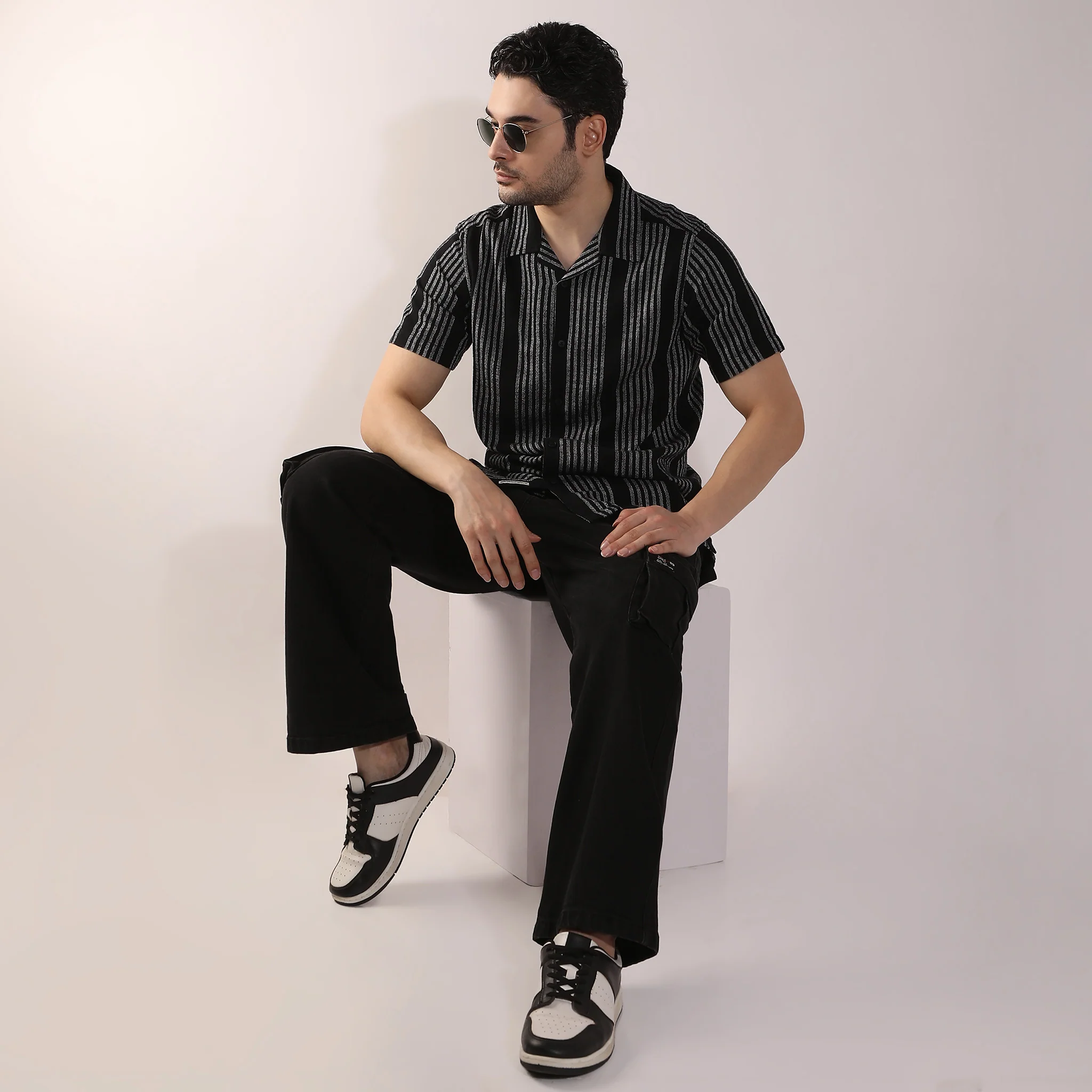Striped Camp Collar Mood Half Sleeve Shirt
