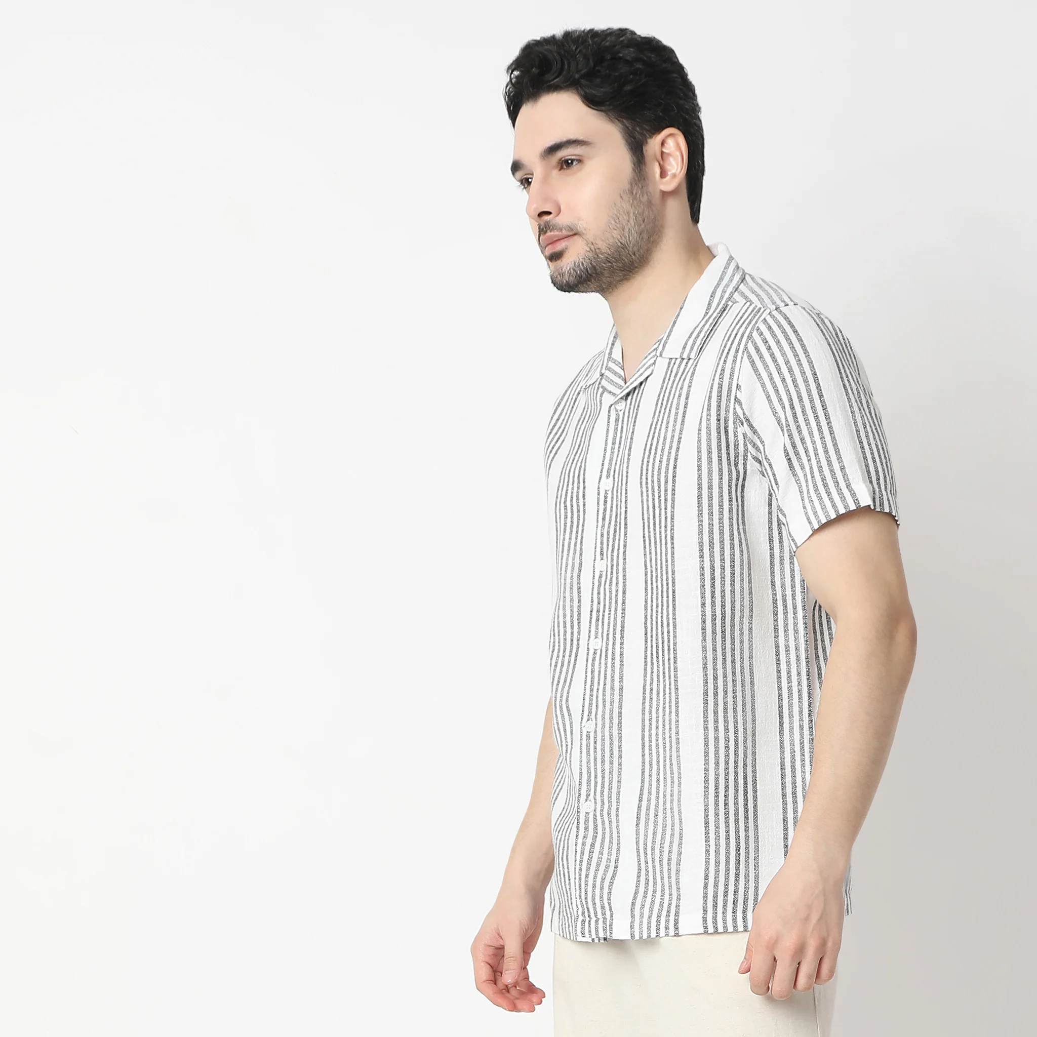 Striped Camp Collar Mood Half Sleeve Shirt - Image 10