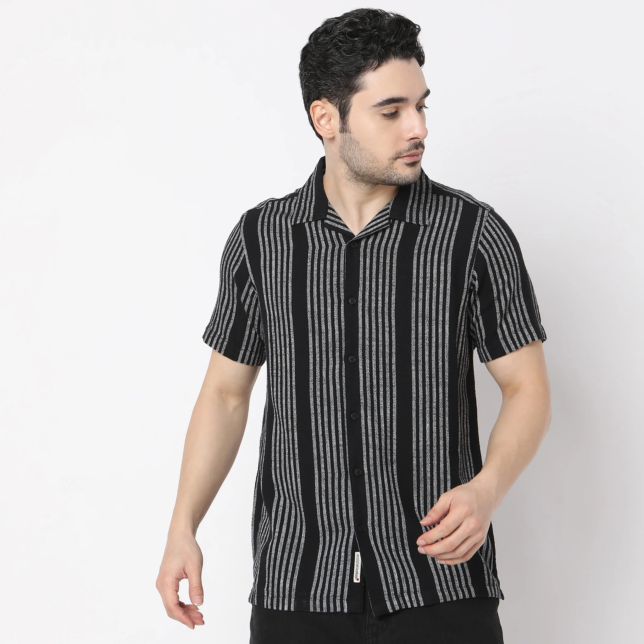 Striped Camp Collar Mood Half Sleeve Shirt - Image 2