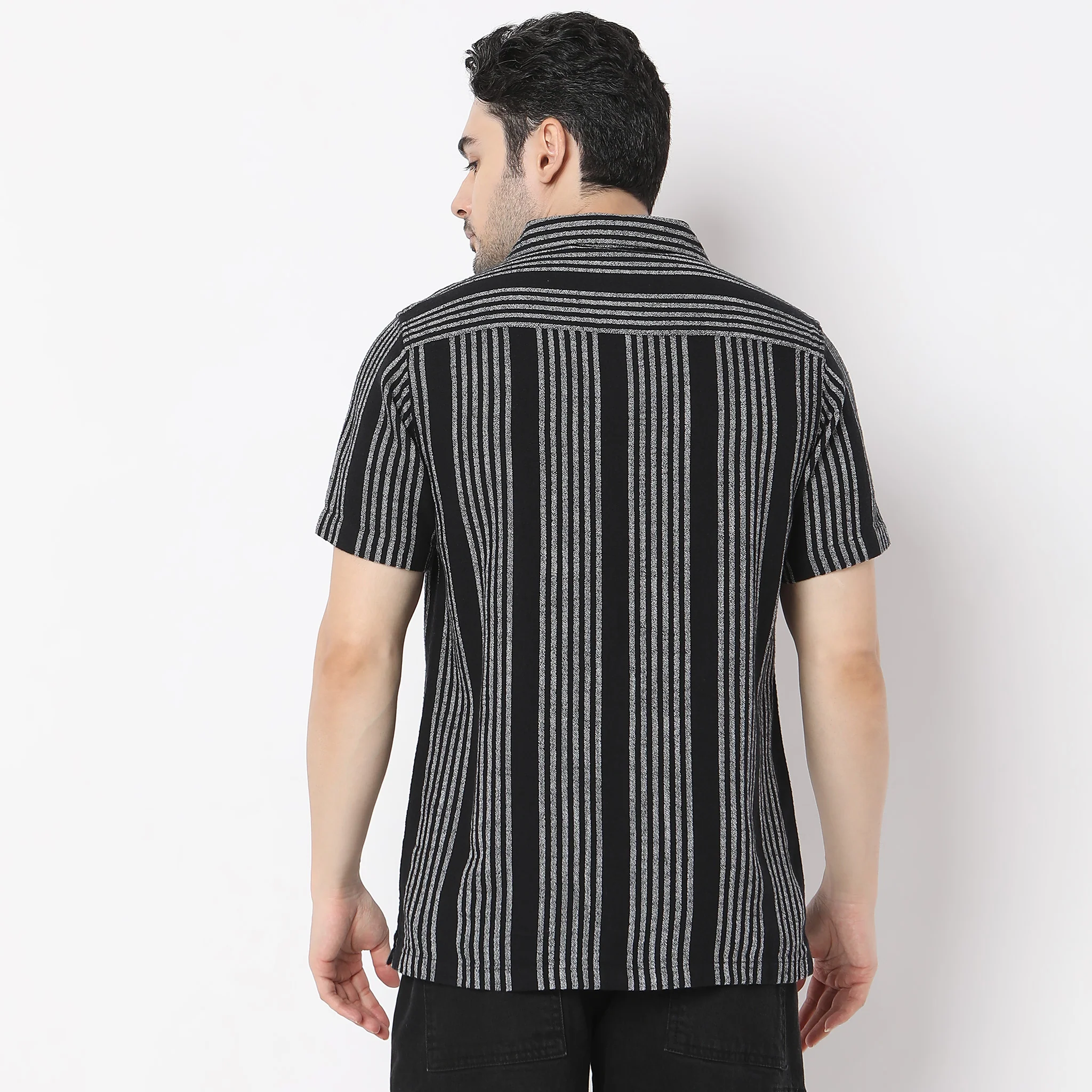 Striped Camp Collar Mood Half Sleeve Shirt - Image 3