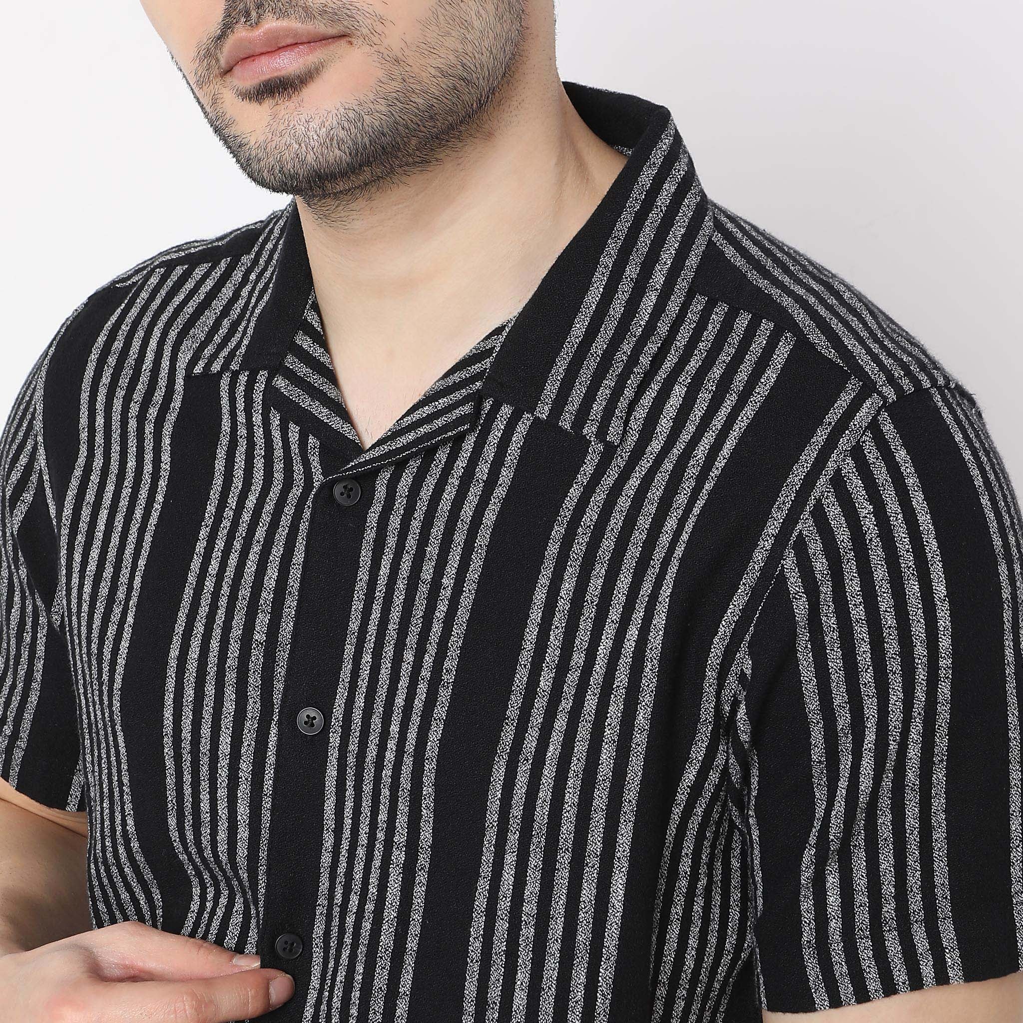 Striped Camp Collar Mood Half Sleeve Shirt - Image 4