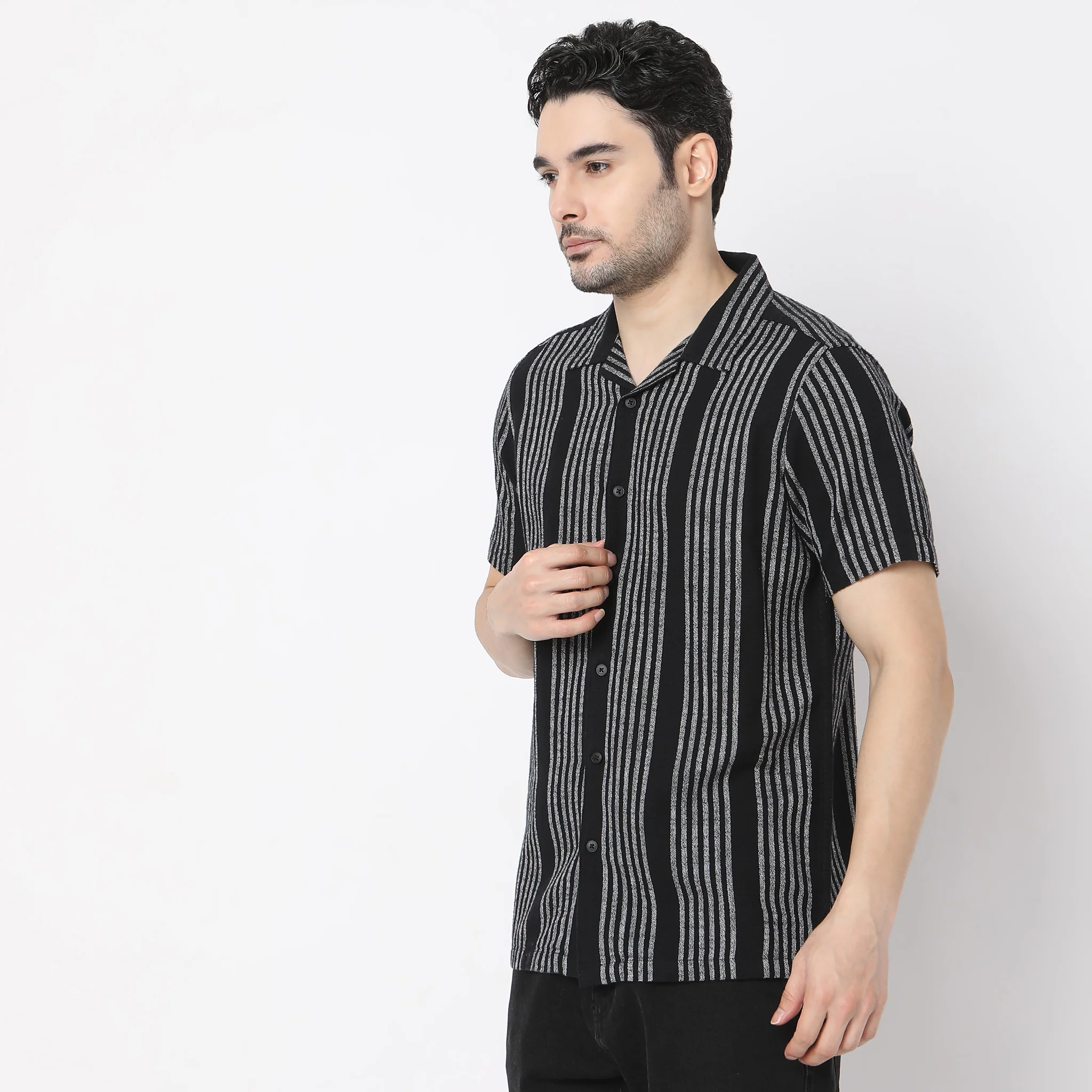 Striped Camp Collar Mood Half Sleeve Shirt - Image 5
