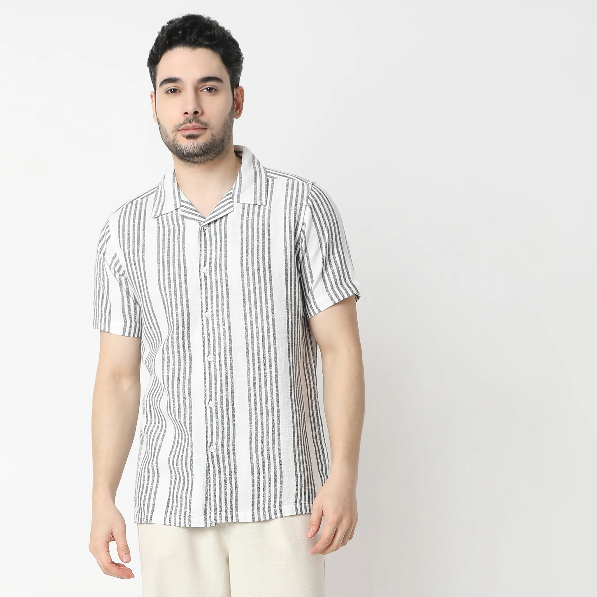 Striped Camp Collar Mood Half Sleeve Shirt - Image 7