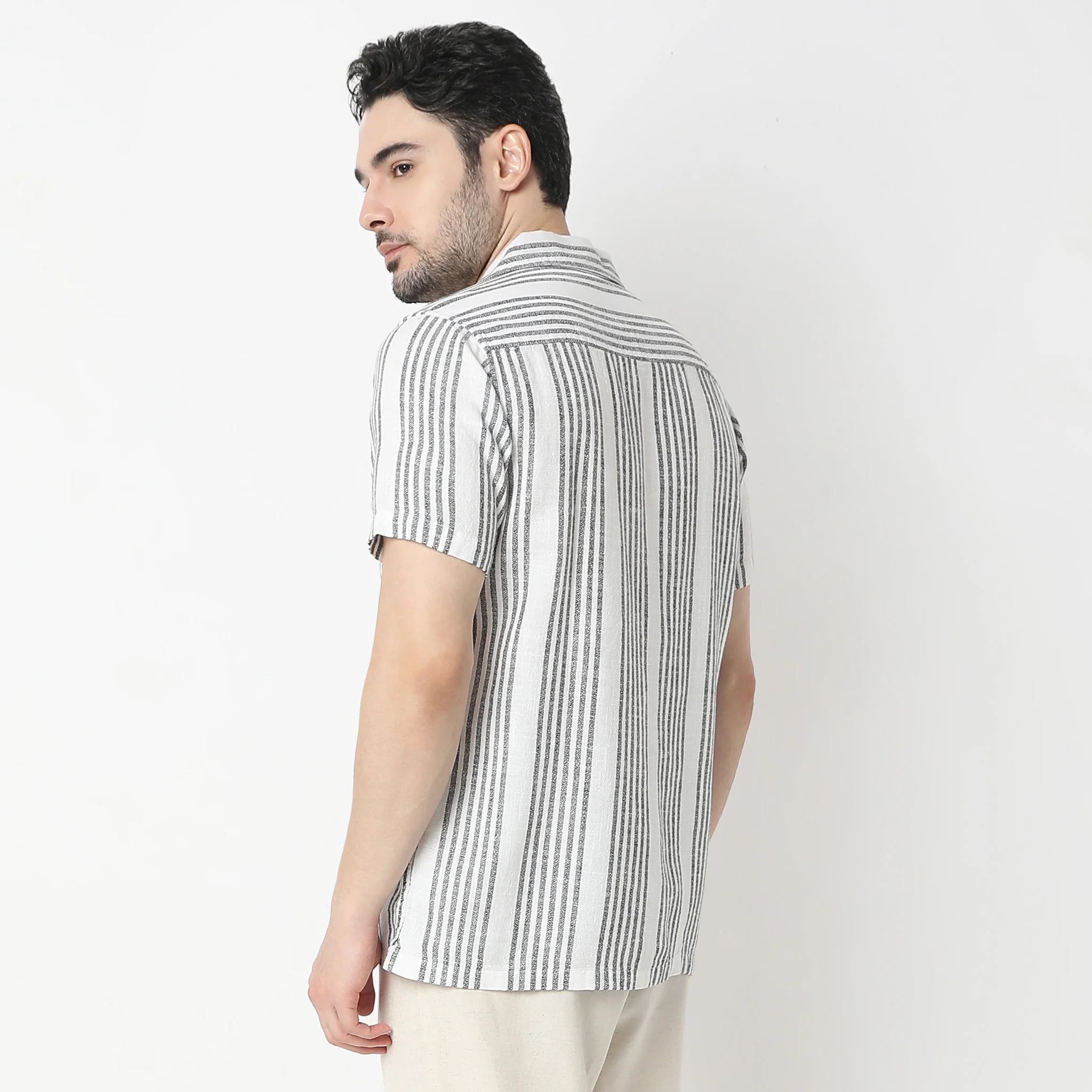Striped Camp Collar Mood Half Sleeve Shirt - Image 8