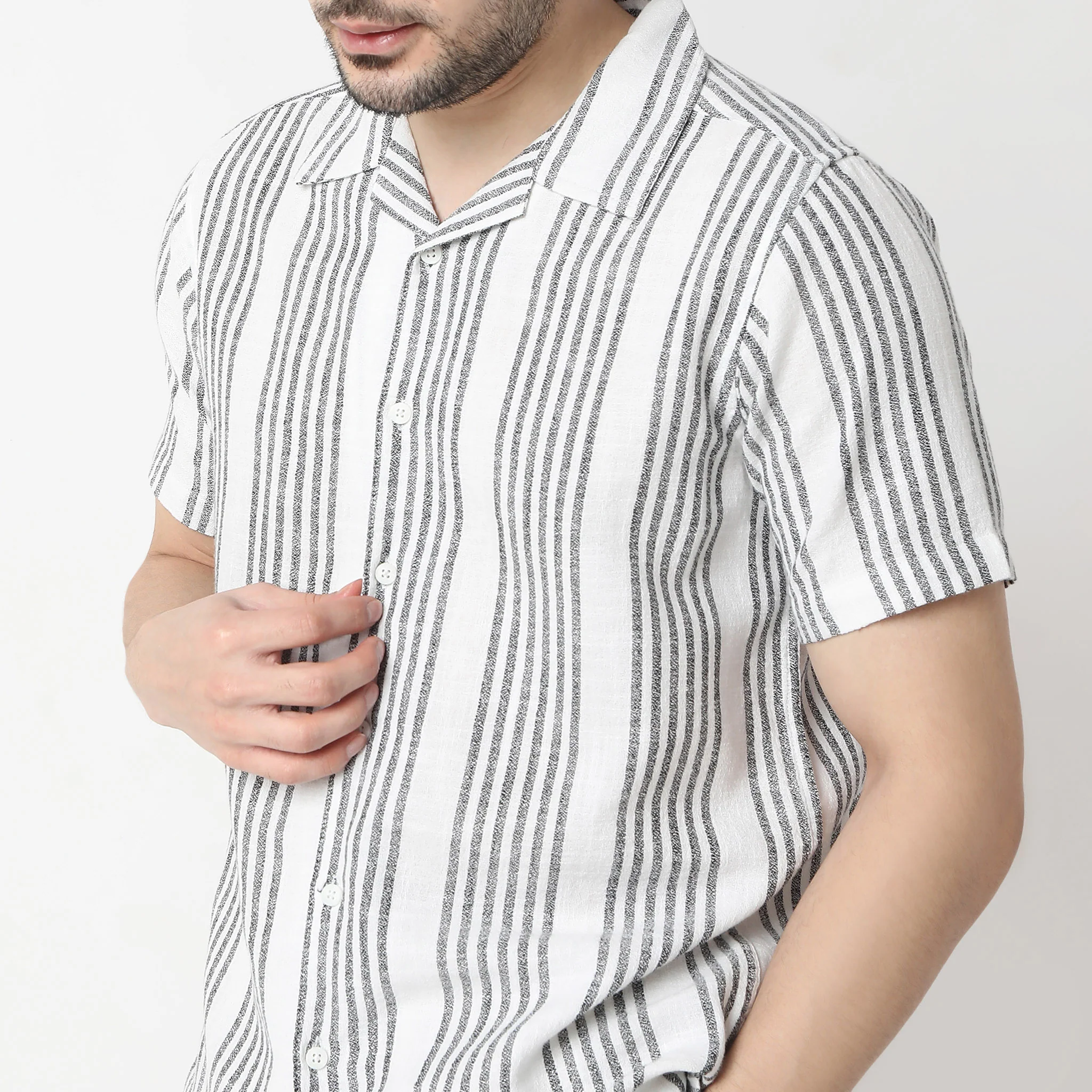 Striped Camp Collar Mood Half Sleeve Shirt - Image 9