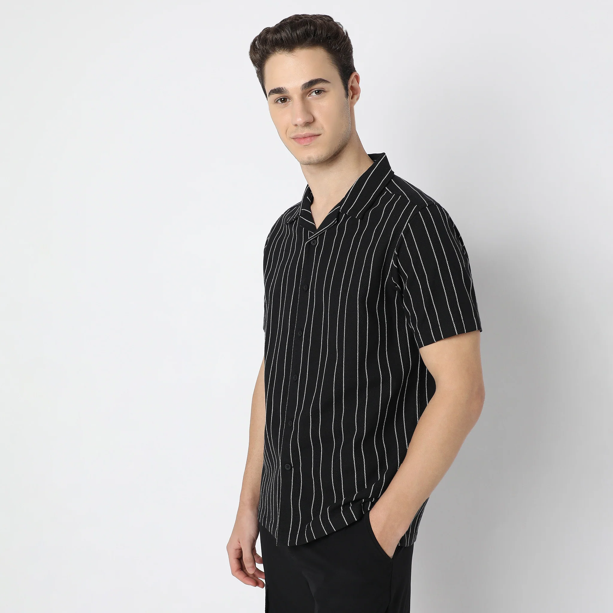 Striped Camp Collar Mood Half Sleeve Shirt - Image 10
