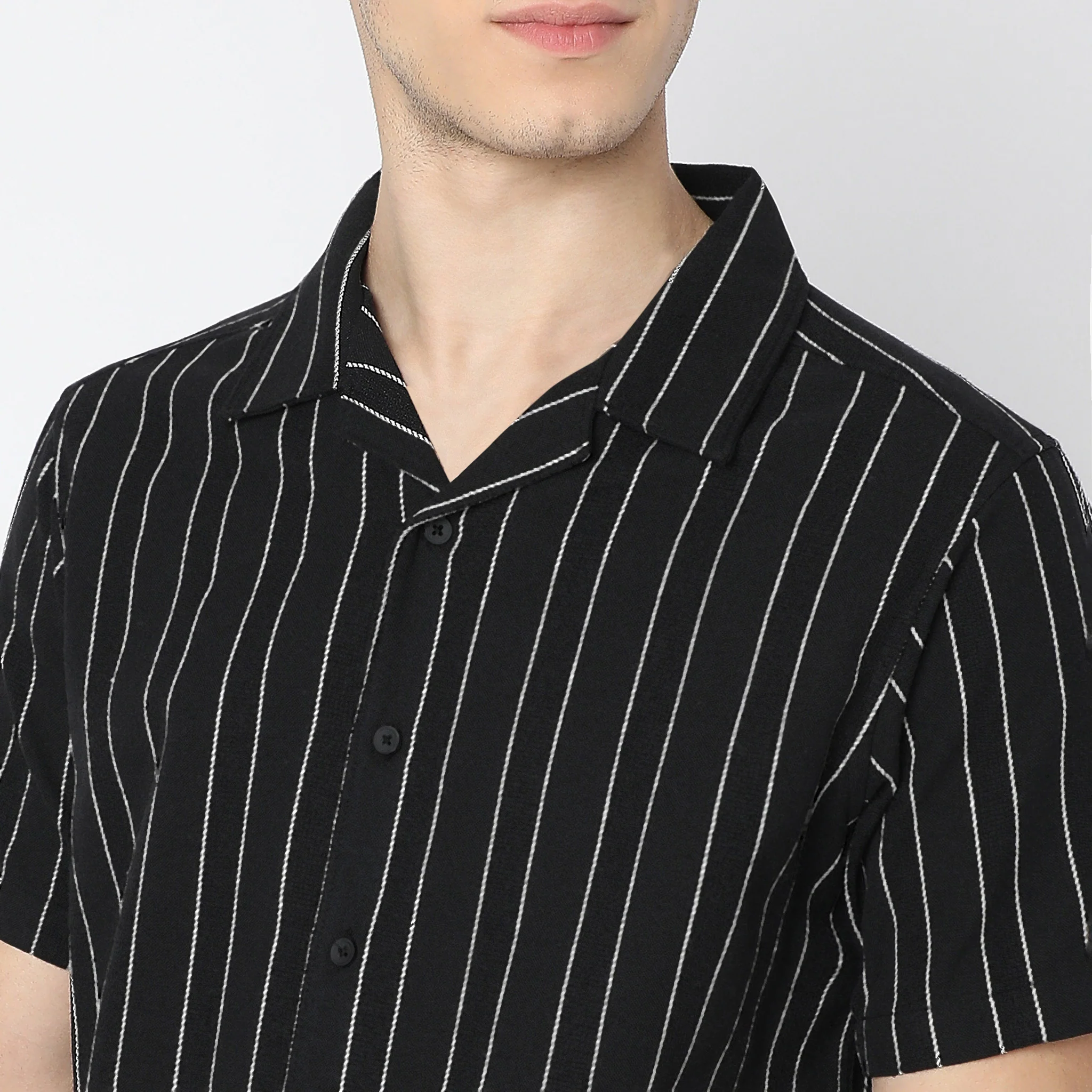 Striped Camp Collar Mood Half Sleeve Shirt - Image 9