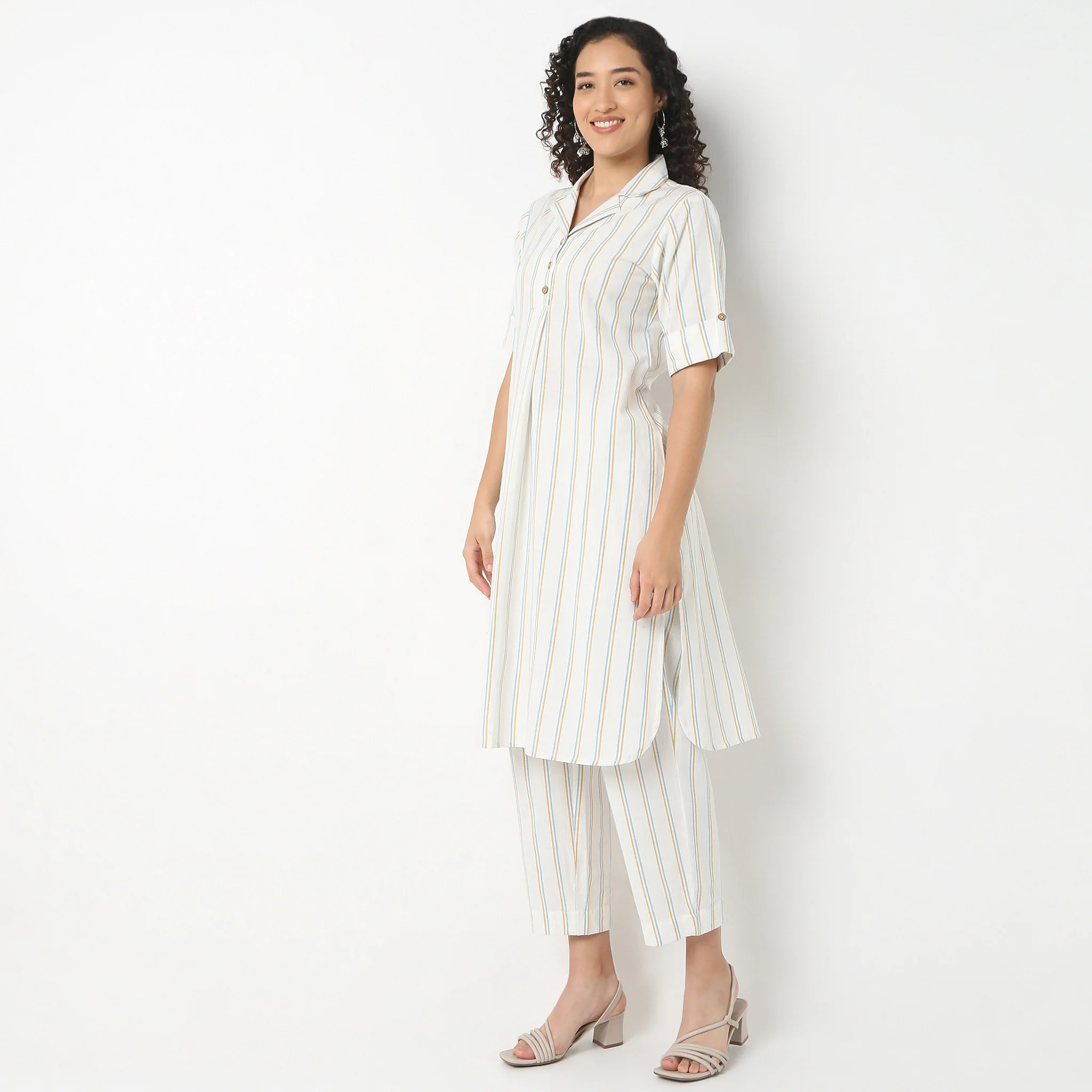 Striped Lapel Collar Kurta With Pant Set - Image 5