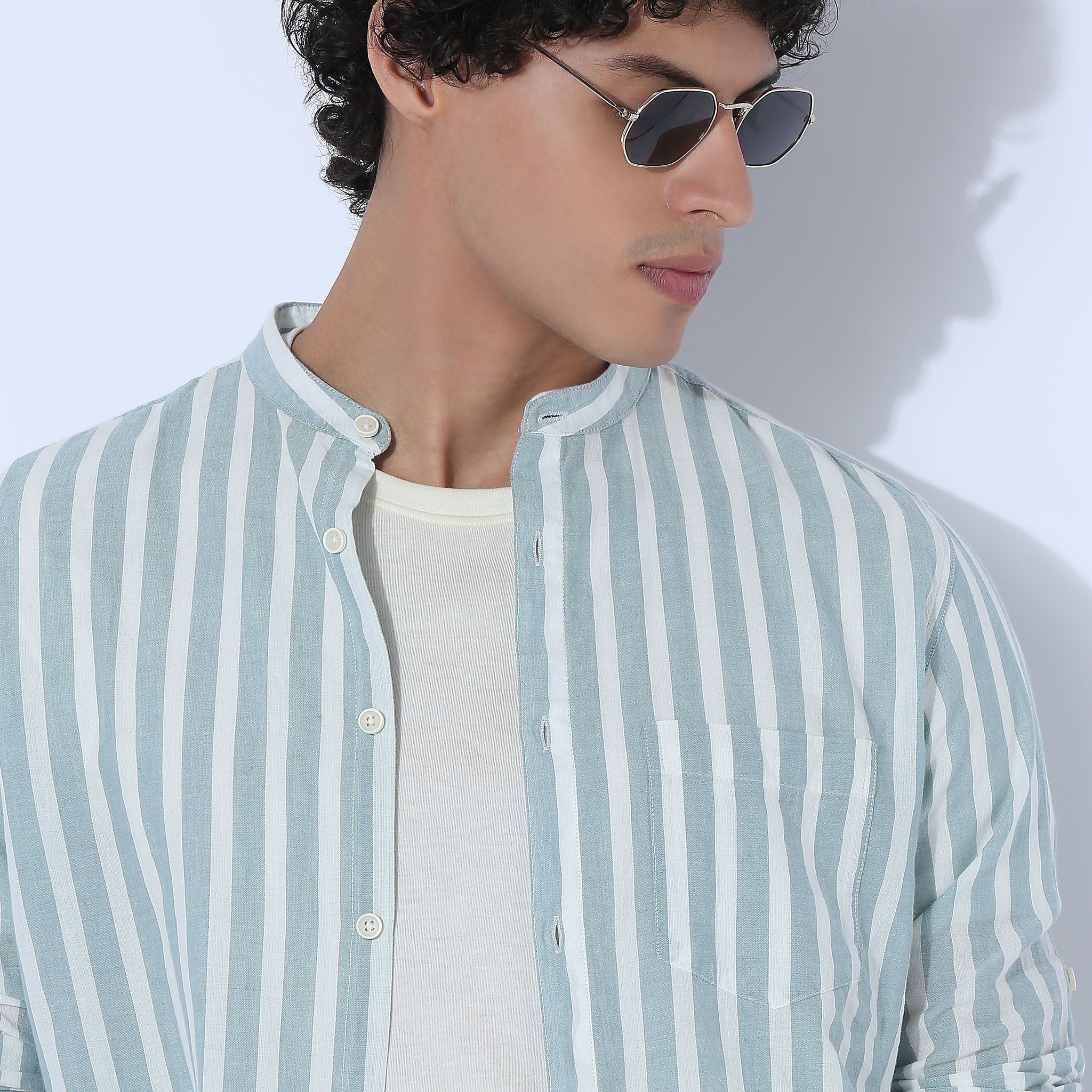 Mandarin Collar Full Sleeve Striped Yarn Dyed Shirt - Image 4