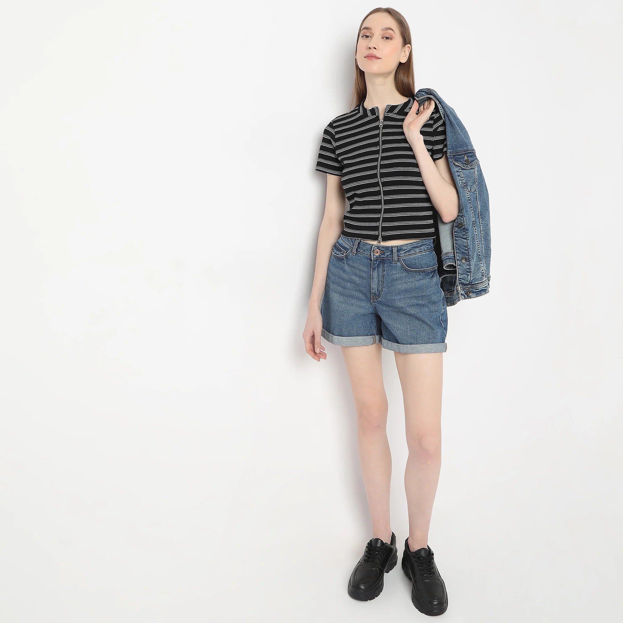 Striped Mock Neck With Zipper Crop T-Shirt