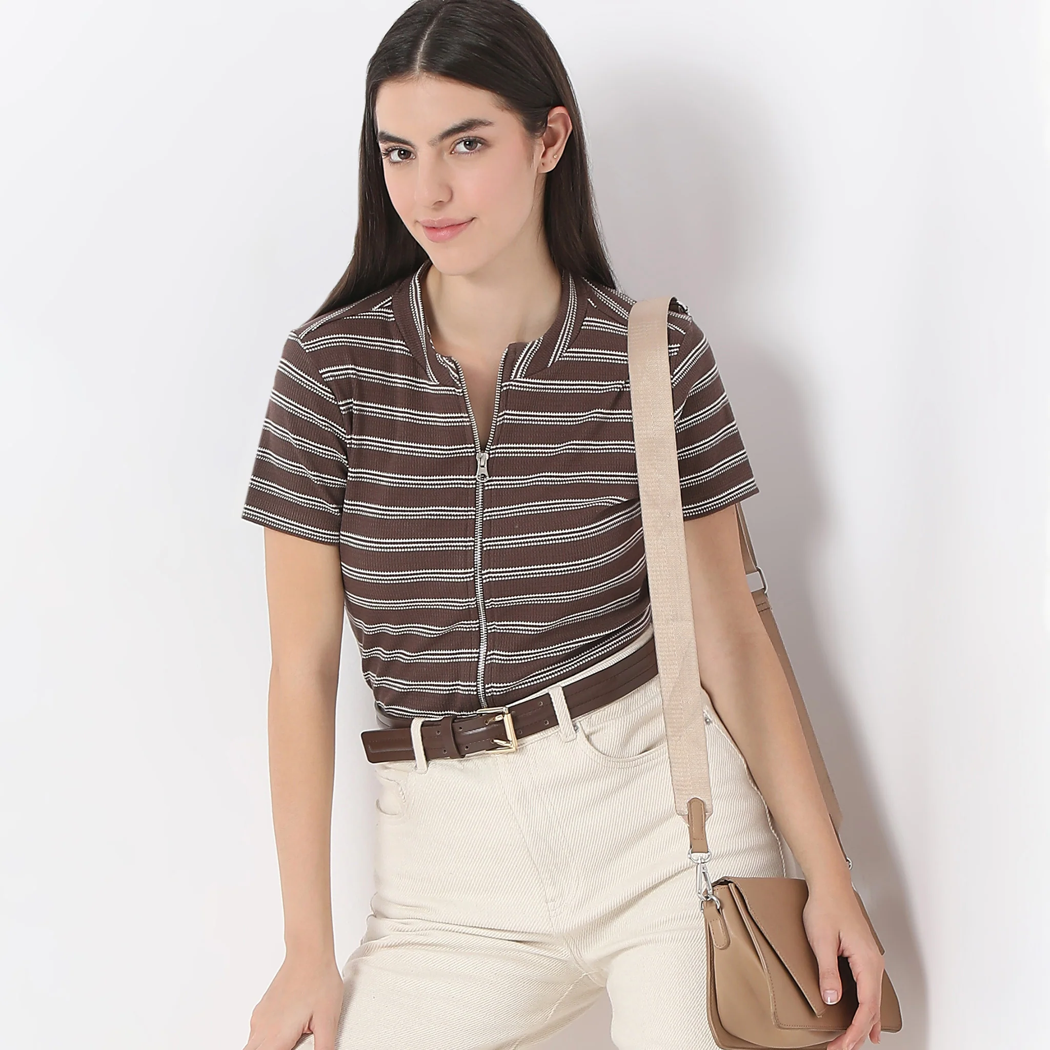 Striped Mock Neck With Zipper Crop T-Shirt - Image 6