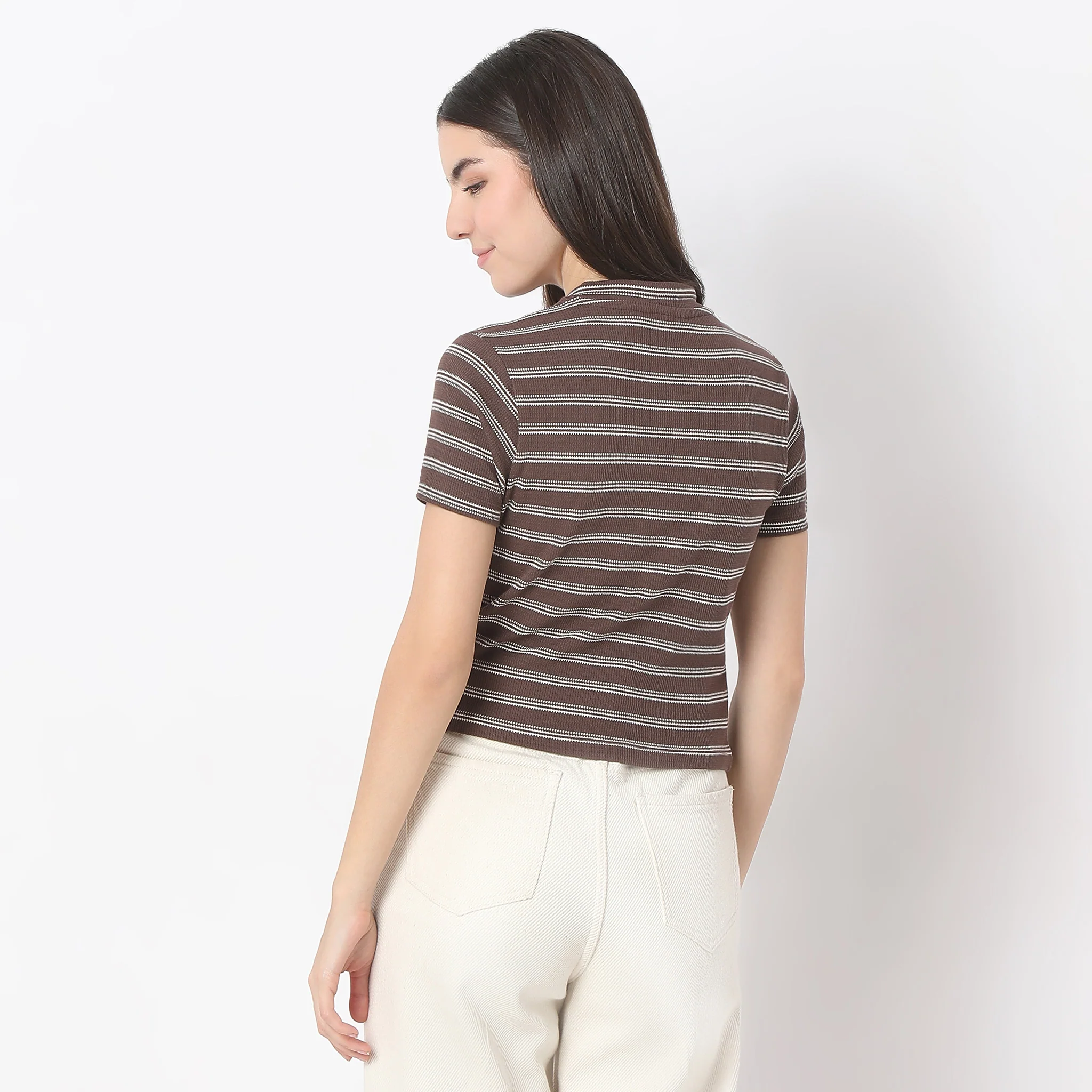 Striped Mock Neck With Zipper Crop T-Shirt - Image 8
