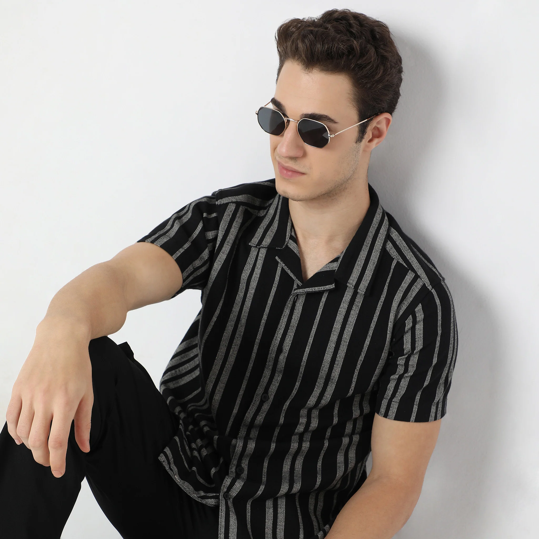 Striped Mood Camp Collar Half Sleeve Shirt