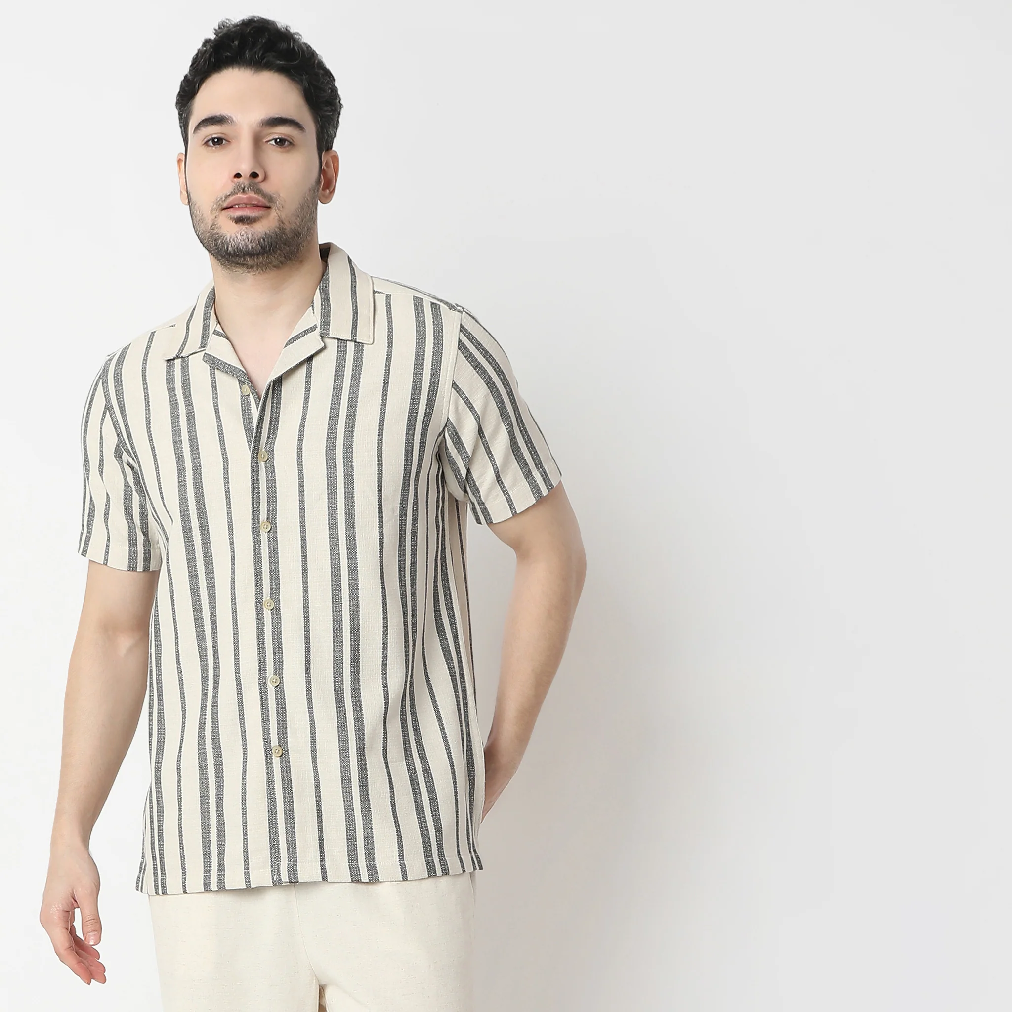 Striped Mood Camp Collar Half Sleeve Shirt - Image 7