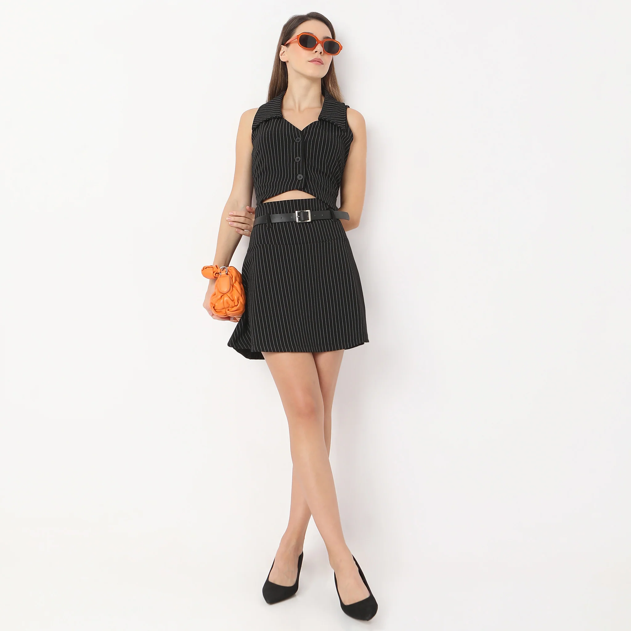 Striped V Neck Lapel Collar Betty Vest Sleeveless With Button Opening Top