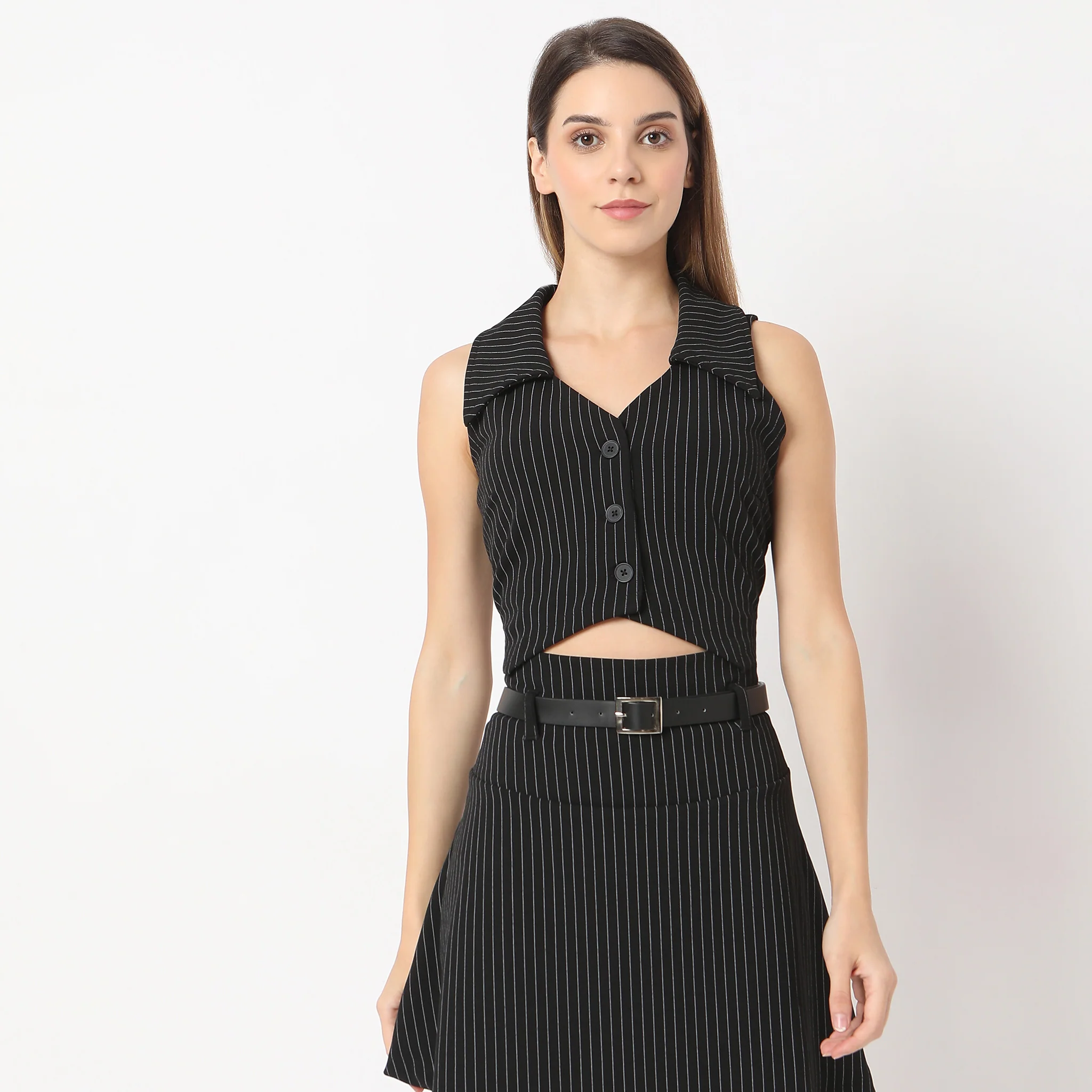Striped V Neck Lapel Collar Betty Vest Sleeveless With Button Opening Top - Image 2